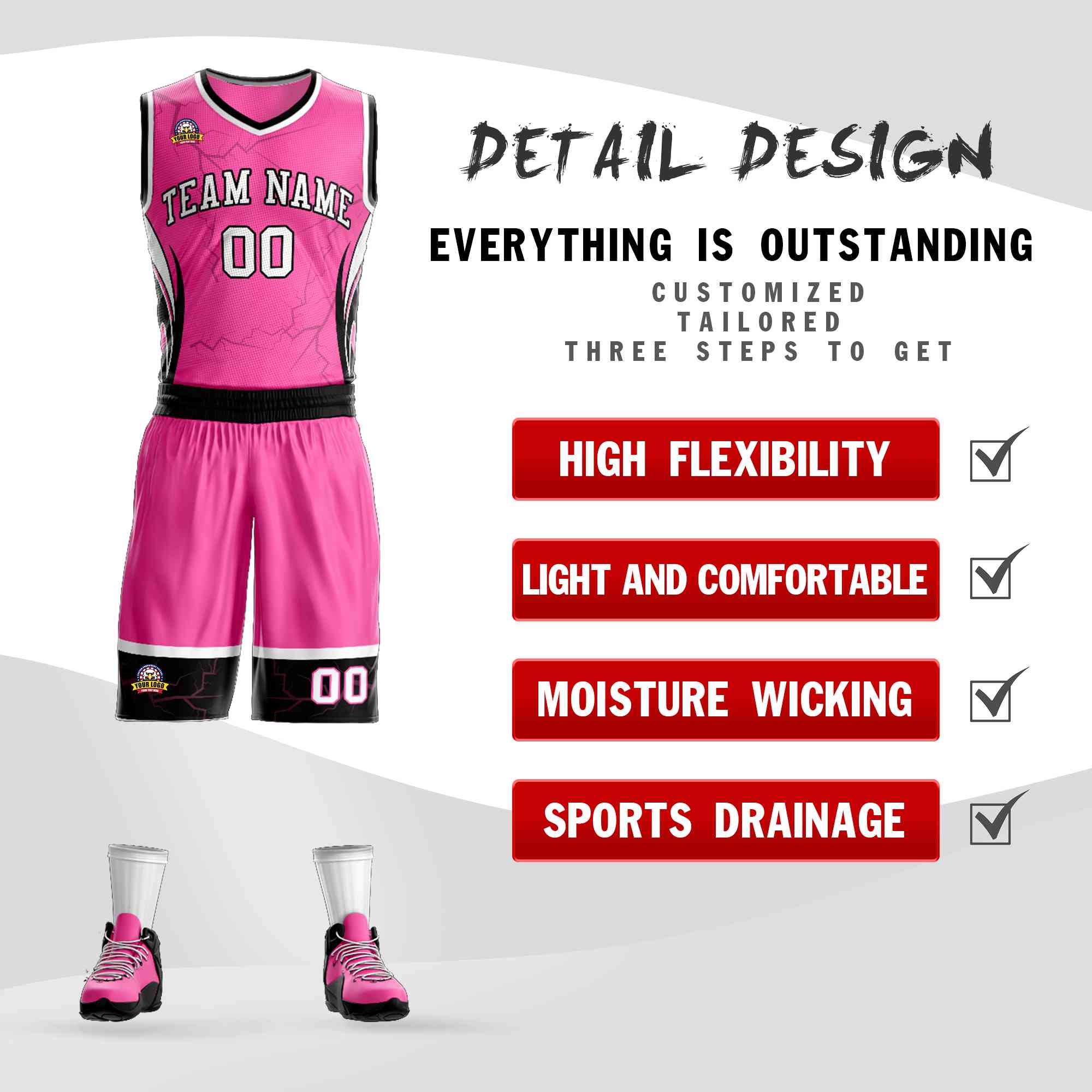 Le motif de graffiti personnalisé rose blanc-noir définit le maillot de basket-ball Lightning