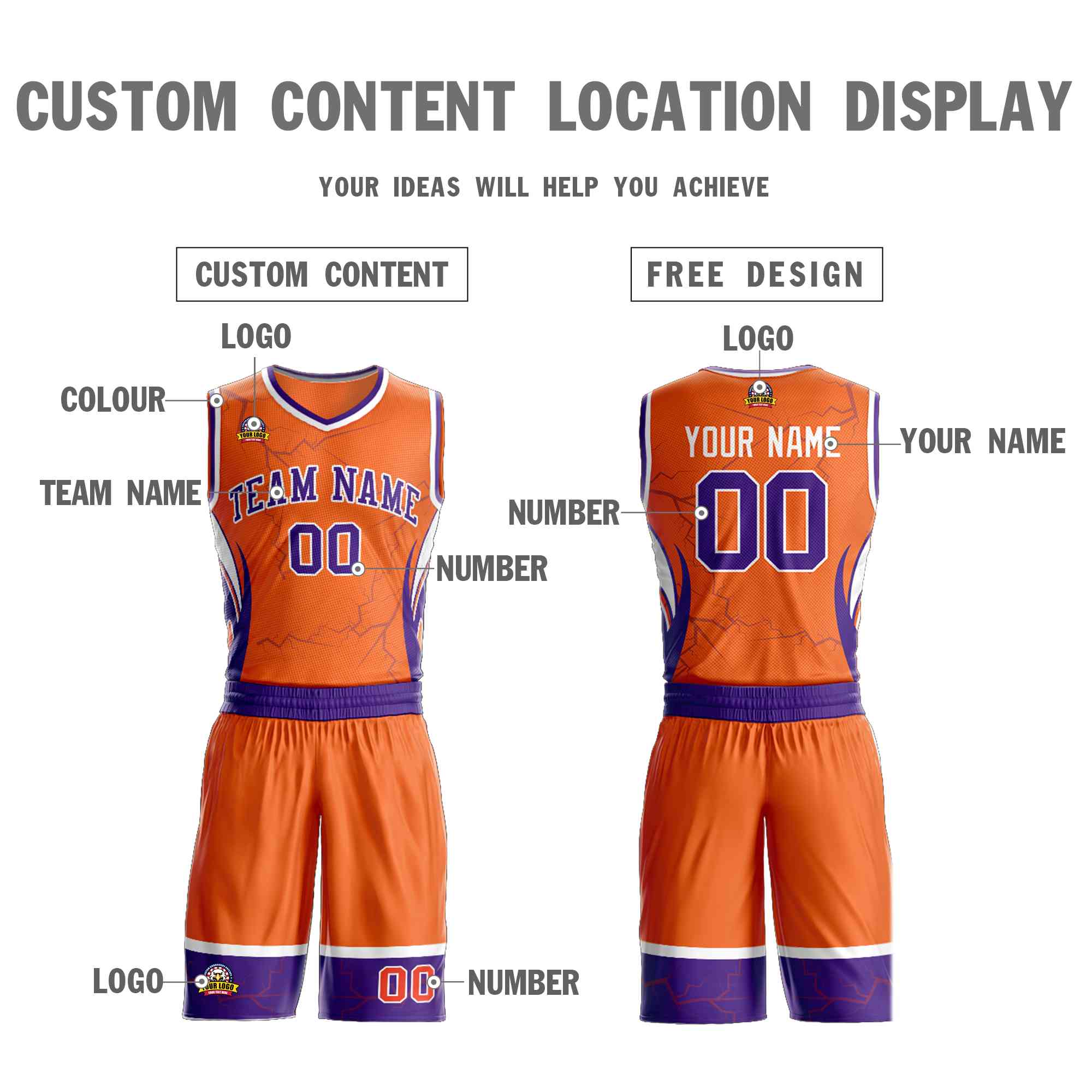 Le motif de graffiti personnalisé Orange violet-blanc définit le maillot de basket-ball Lightning