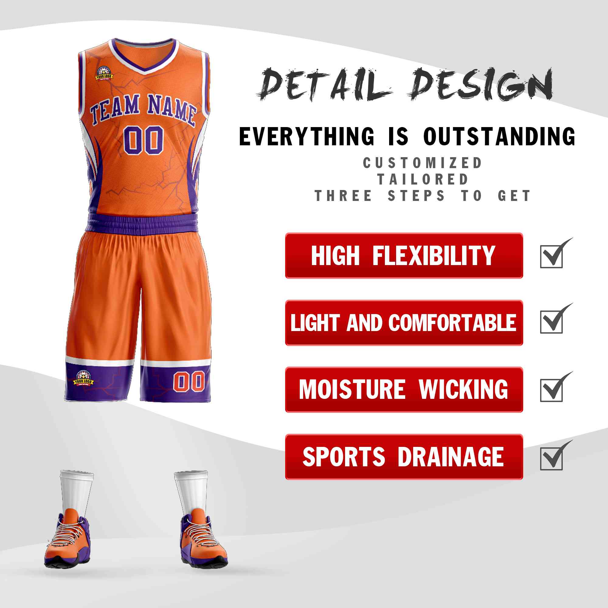 Le motif de graffiti personnalisé Orange violet-blanc définit le maillot de basket-ball Lightning