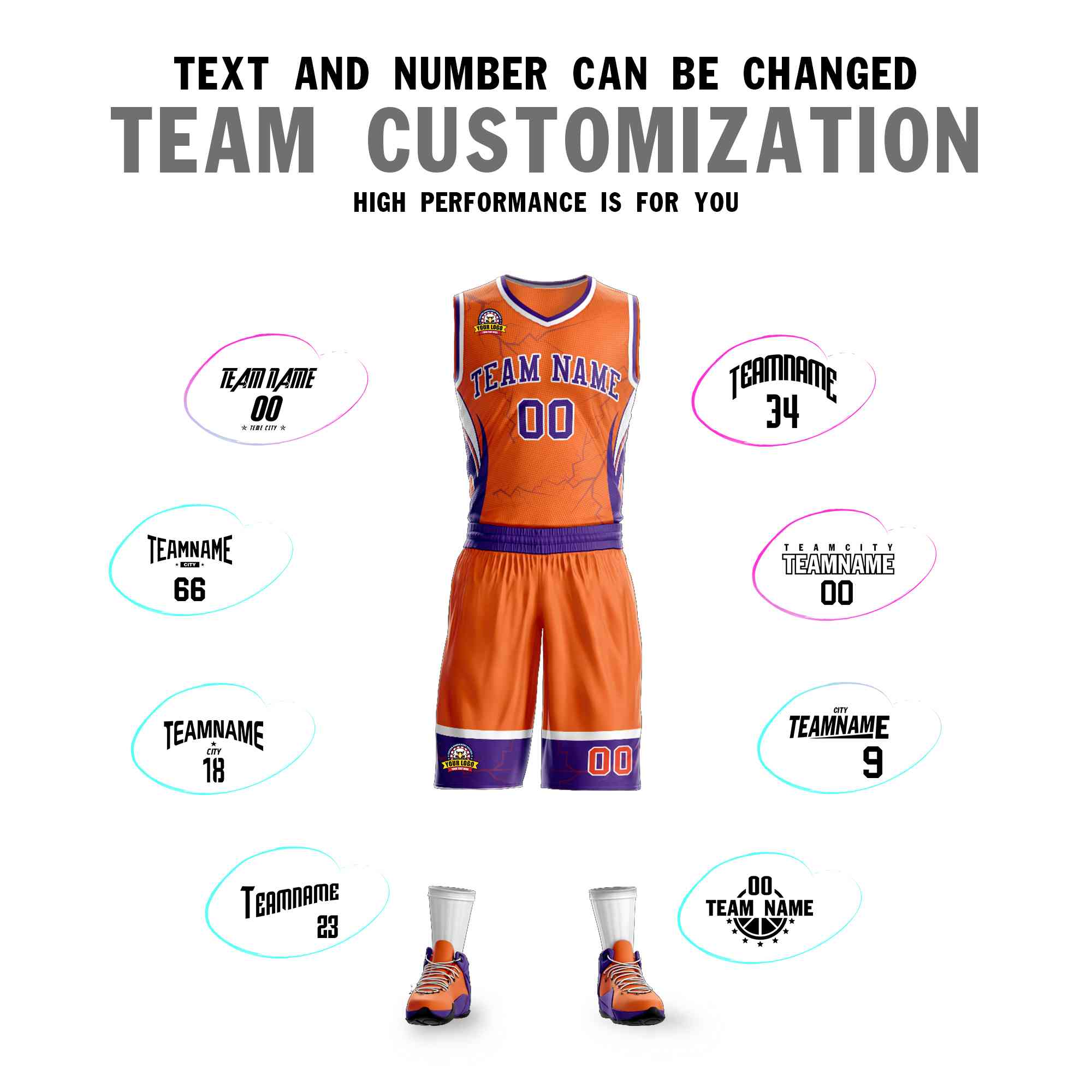 Le motif de graffiti personnalisé Orange violet-blanc définit le maillot de basket-ball Lightning