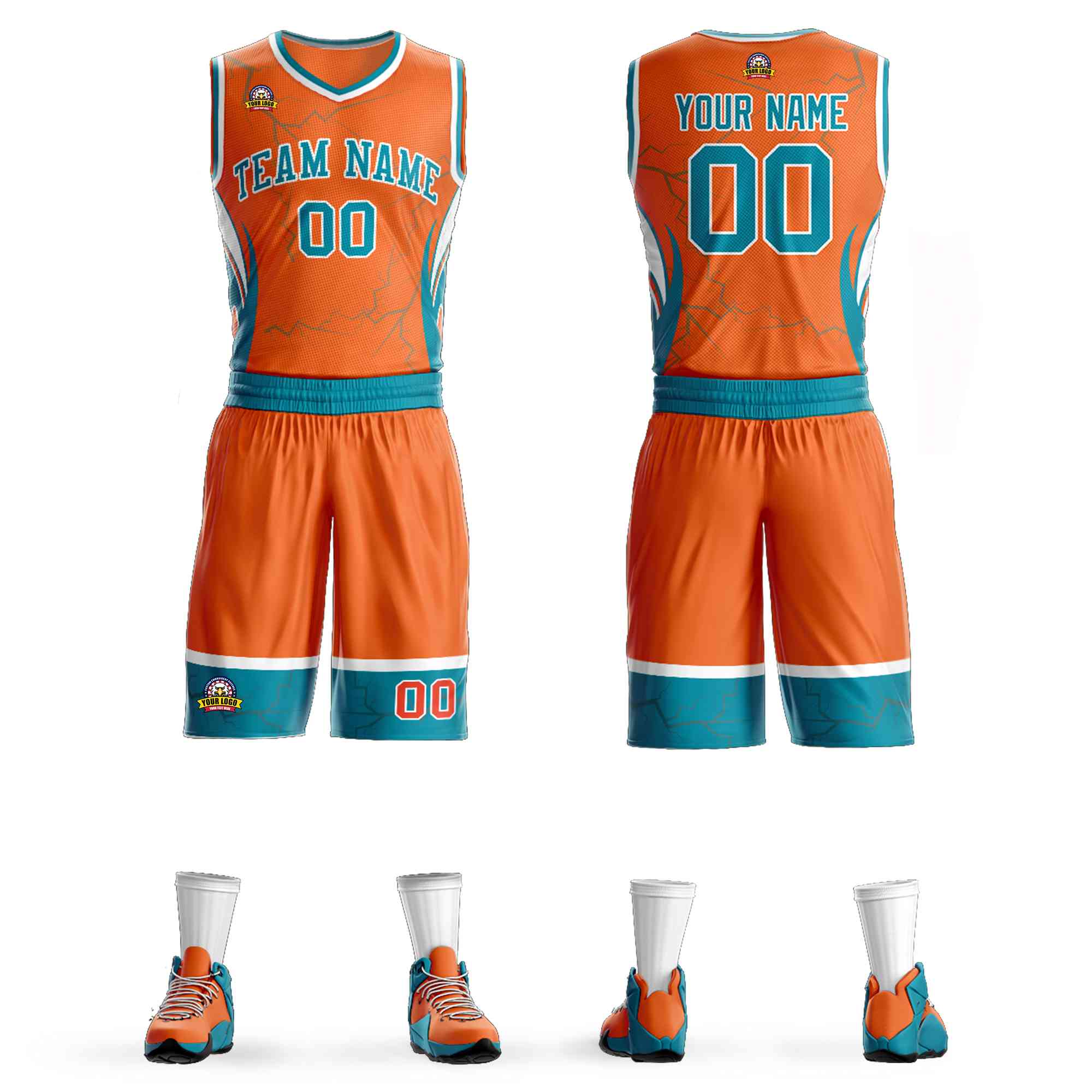 Le motif de graffiti orange sarcelle-blanc personnalisé définit le maillot de basket-ball Lightning