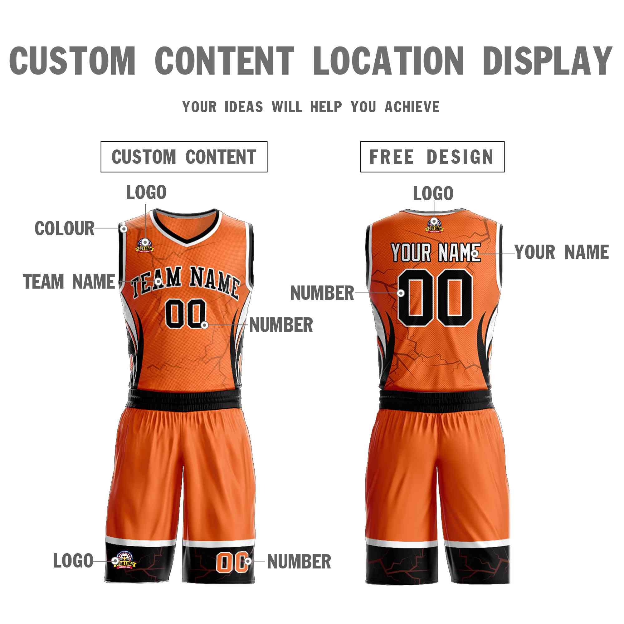 Le motif de graffiti personnalisé Orange noir-blanc définit le maillot de basket-ball Lightning