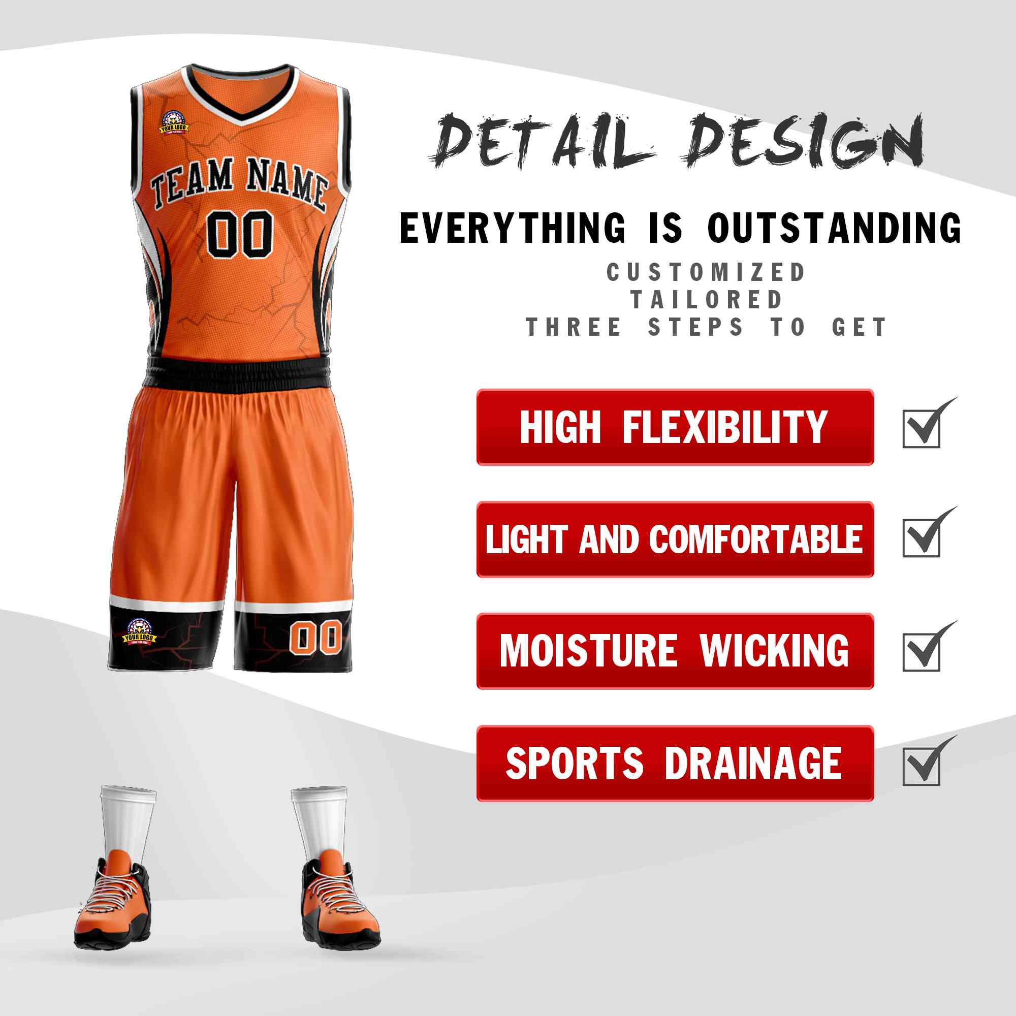 Le motif de graffiti personnalisé Orange noir-blanc définit le maillot de basket-ball Lightning