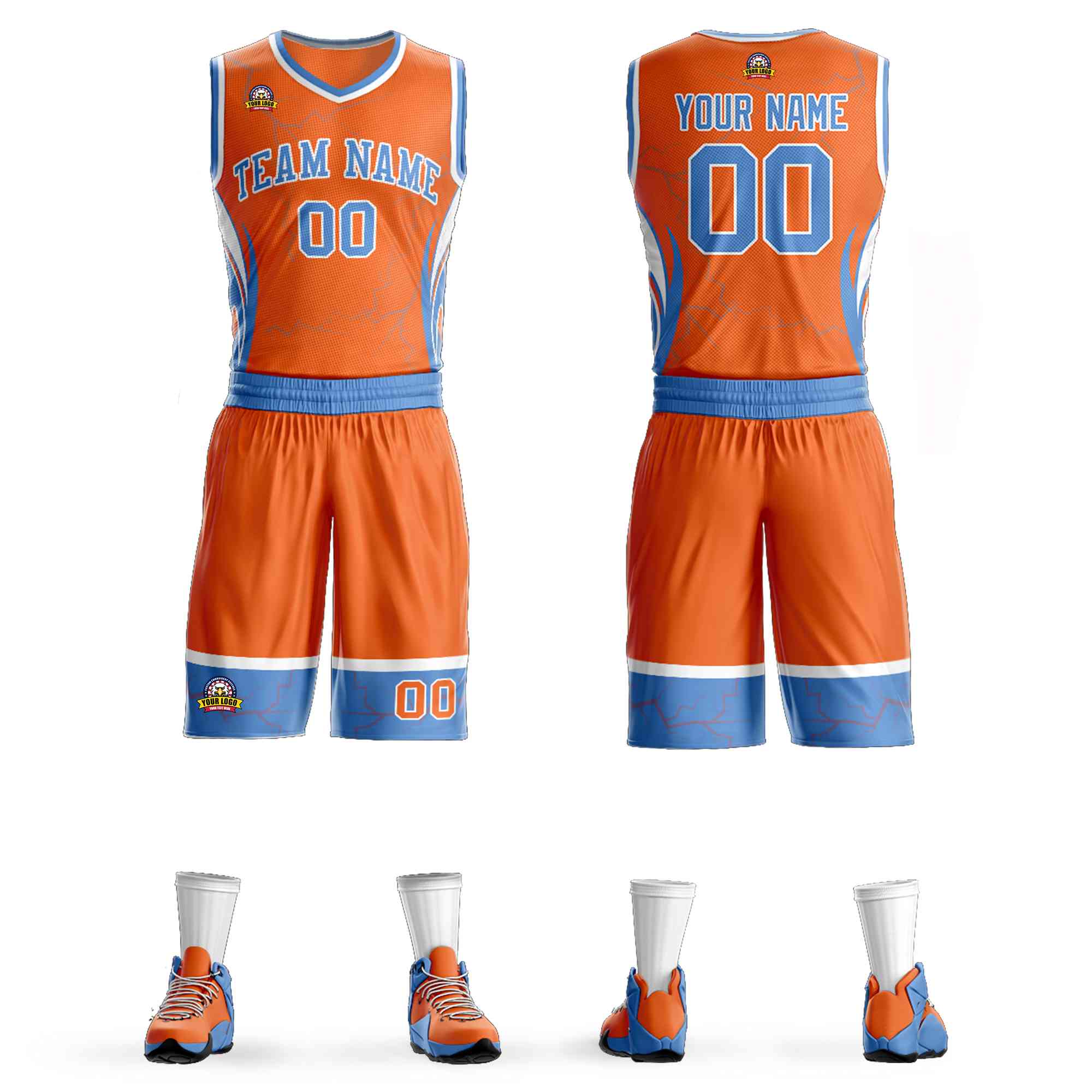 Le motif de graffiti bleu-blanc de poudre orange personnalisé définit le maillot de basket-ball Lightning