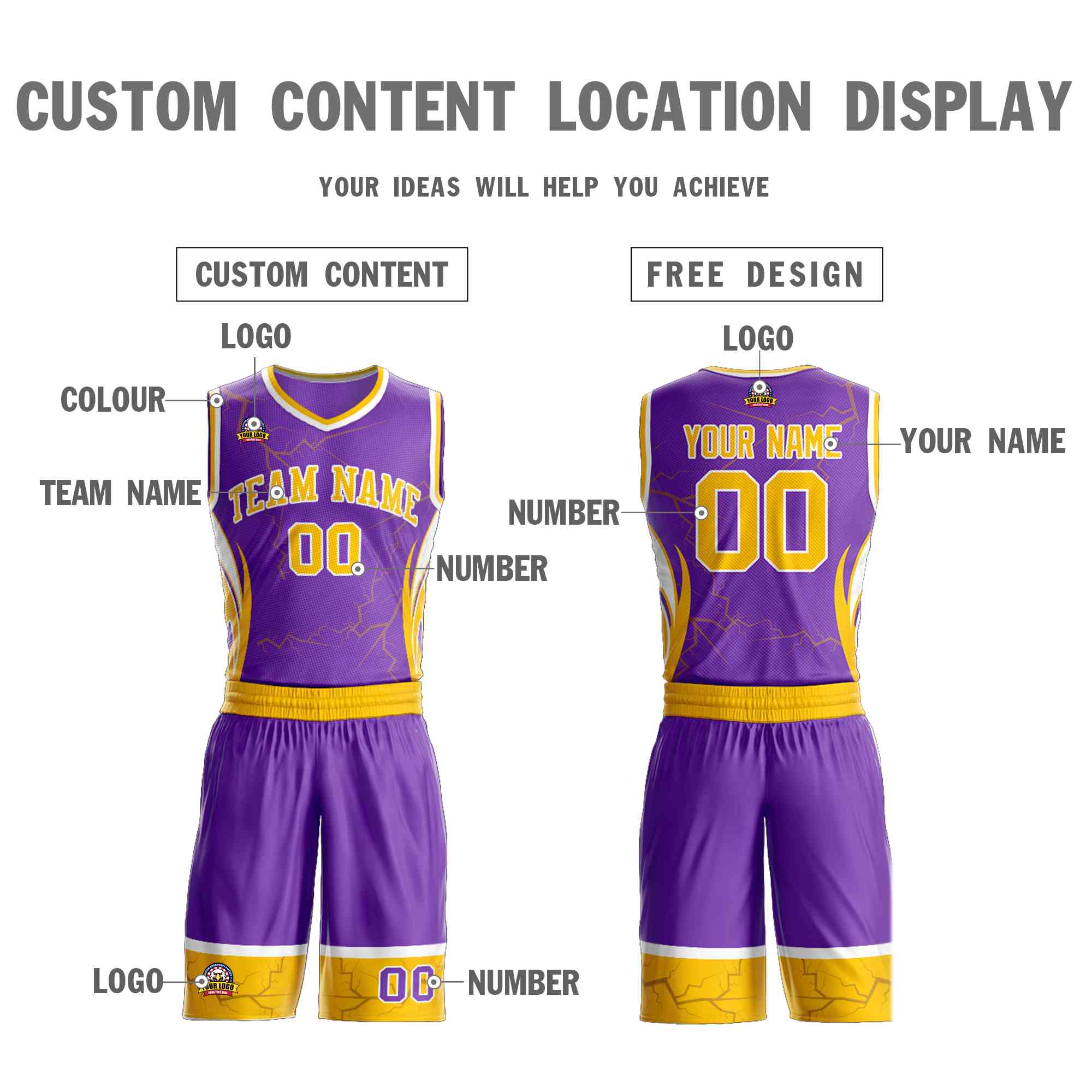 Custom Purple Gold-White Graffiti Pattern Sets Lightning Basketball Jersey