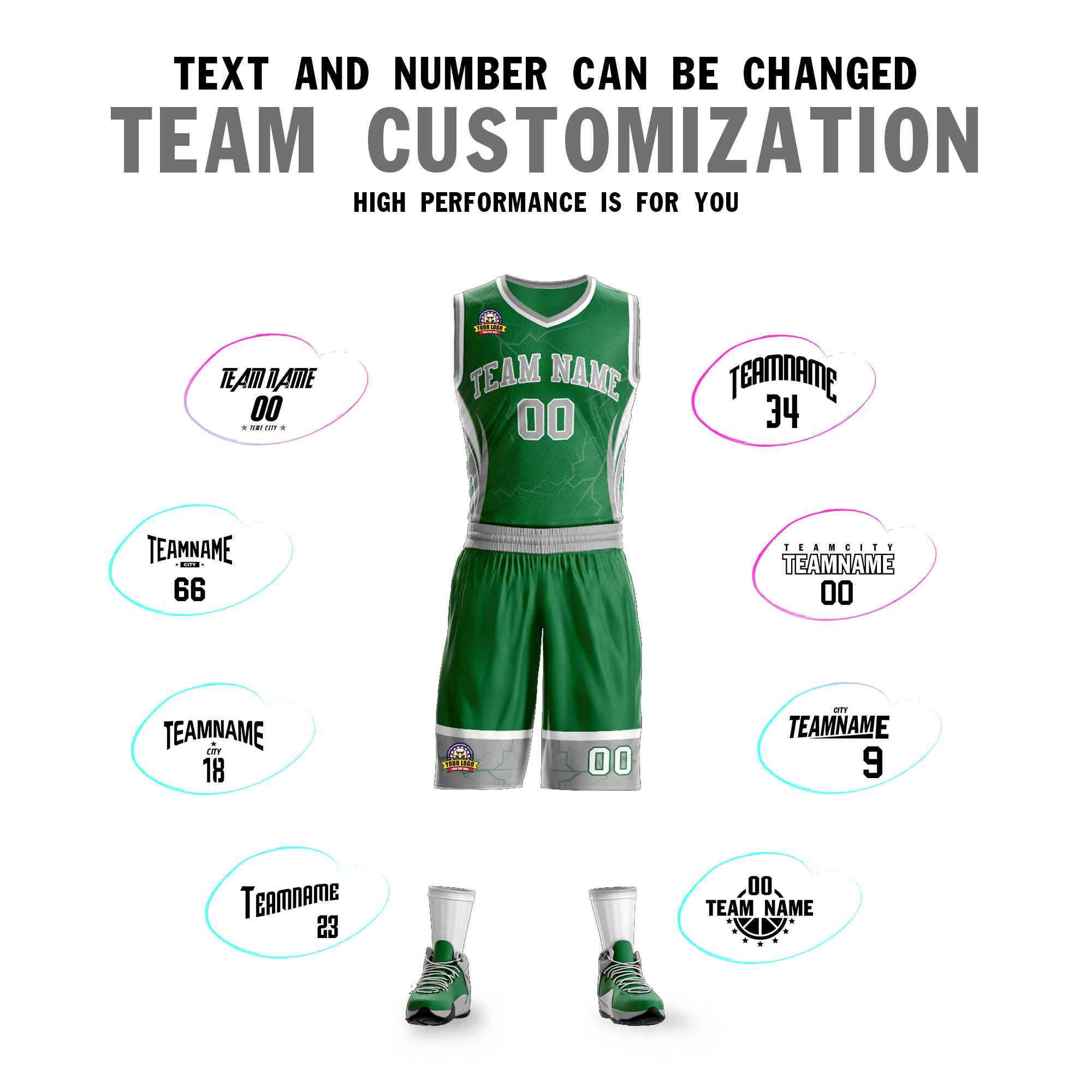 Custom Kelly Green Gray-White Graffiti Pattern Sets Lightning Basketball Jersey