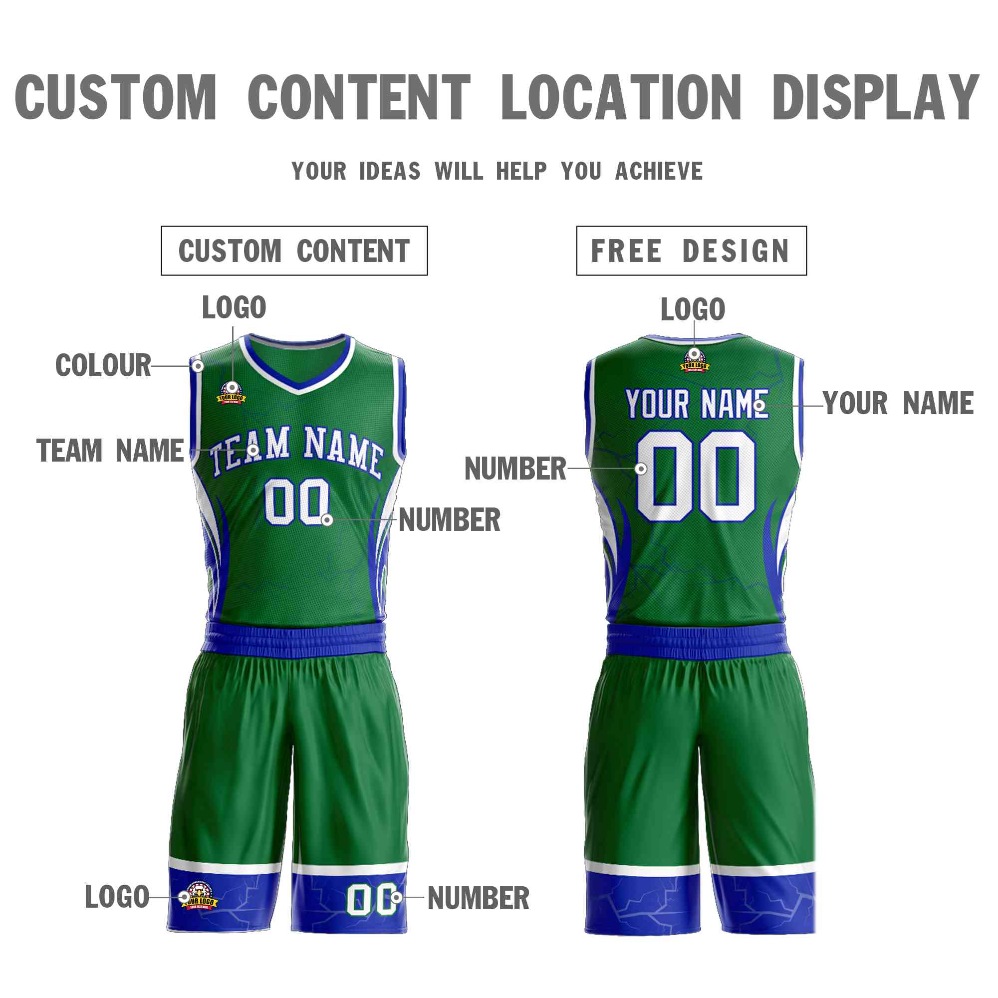 Custom Kelly Green White-Royal Graffiti Pattern Sets Lightning Basketball Jersey