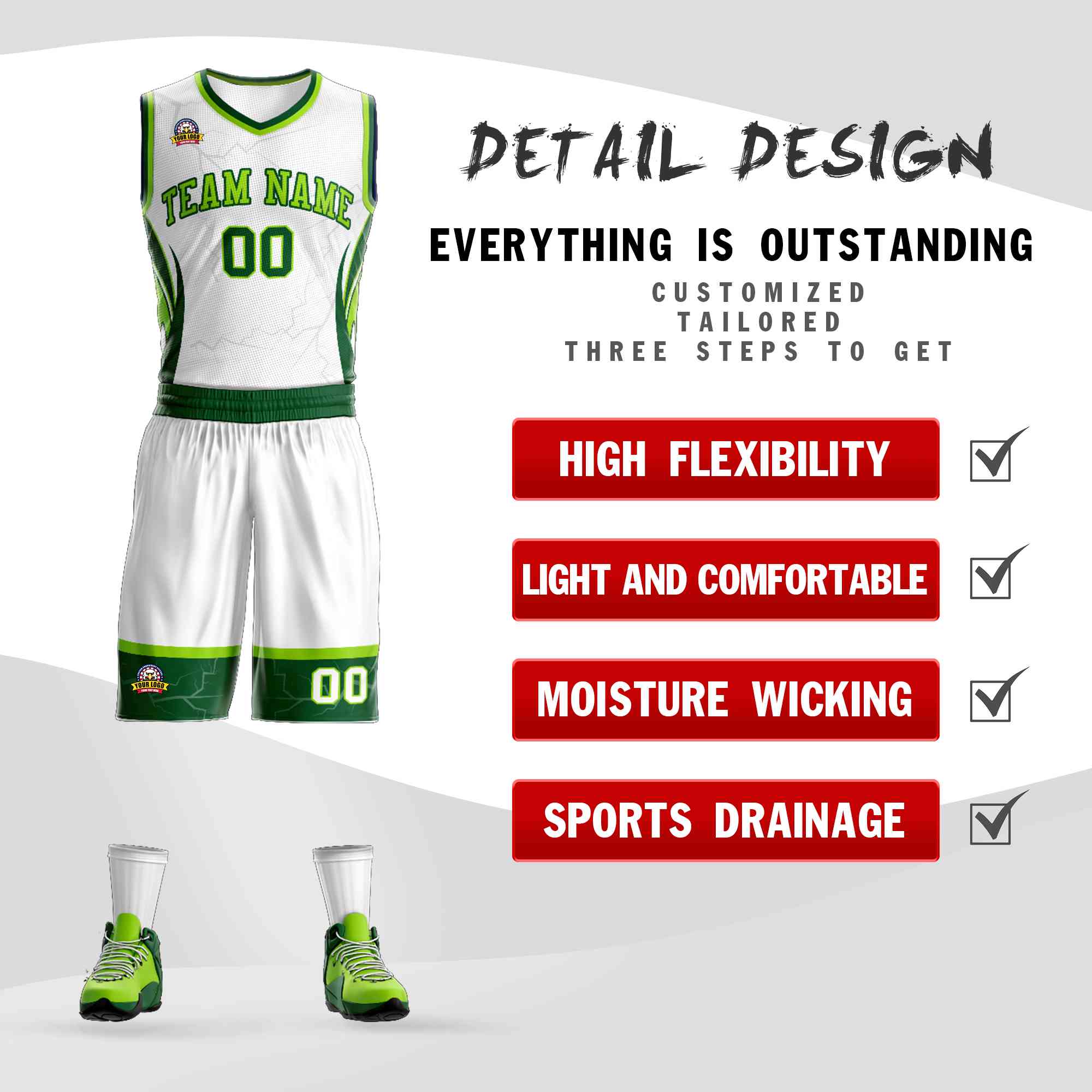 Le motif de graffiti vert-vert néon blanc personnalisé définit le maillot de basket-ball Lightning