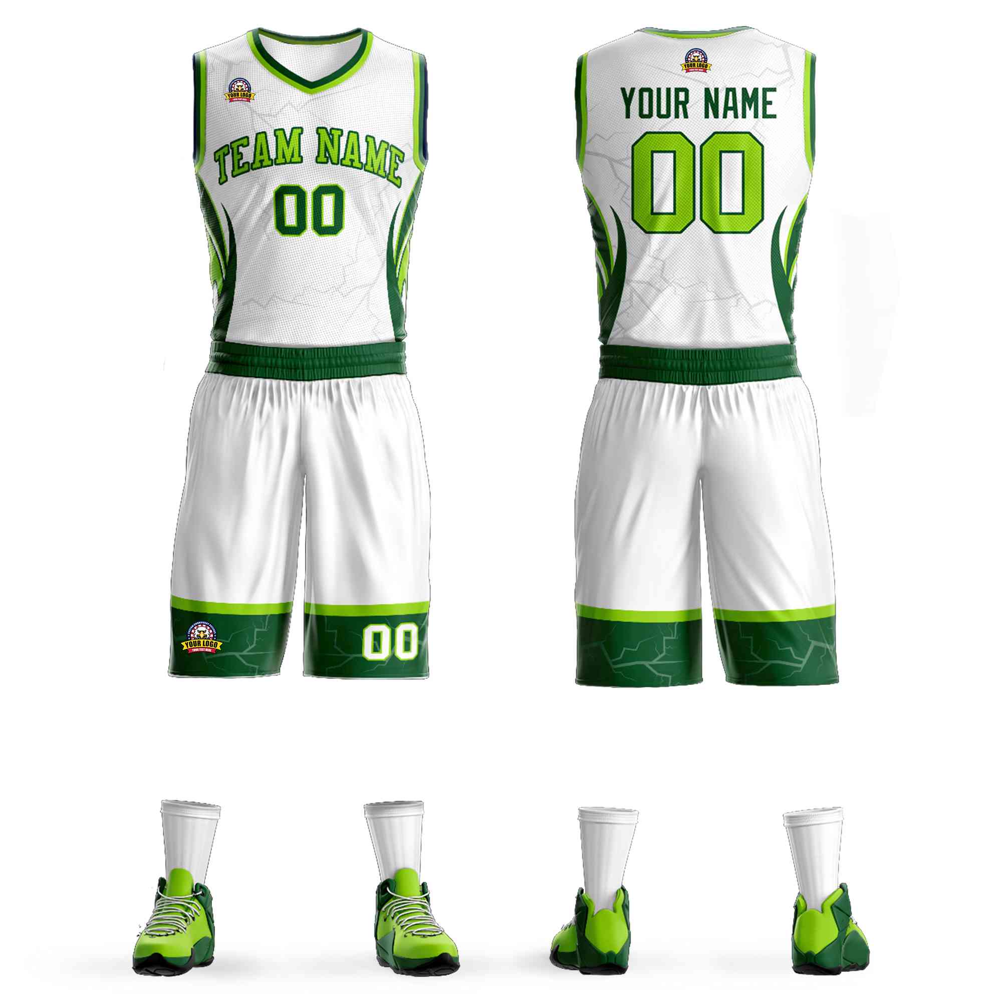 Le motif de graffiti vert-vert néon blanc personnalisé définit le maillot de basket-ball Lightning