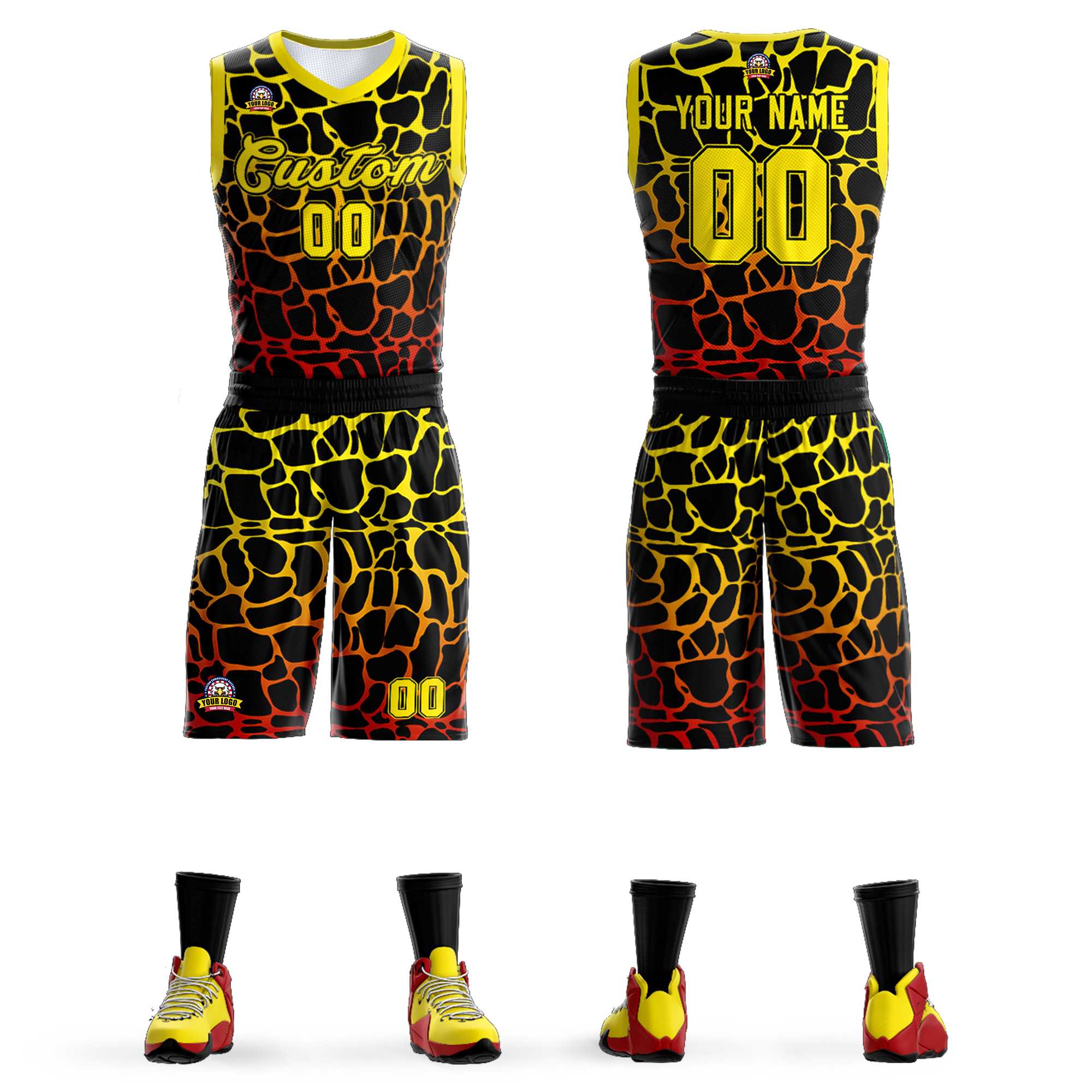 Maillot de basket-ball uniforme de sport à motif Graffiti tacheté d'or-rouge noir personnalisé