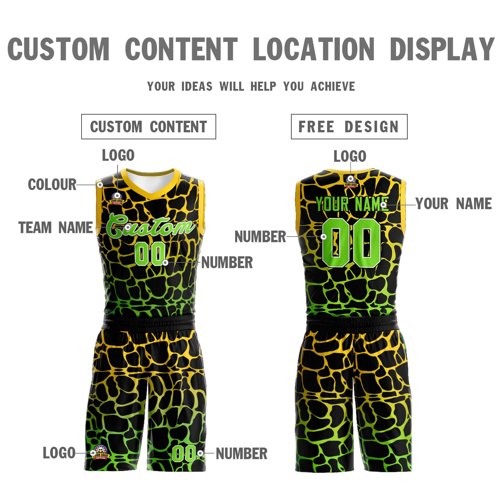 Custom Black Gold-Neon Green Spotted Graffiti Pattern Sports Uniform Basketball Jersey