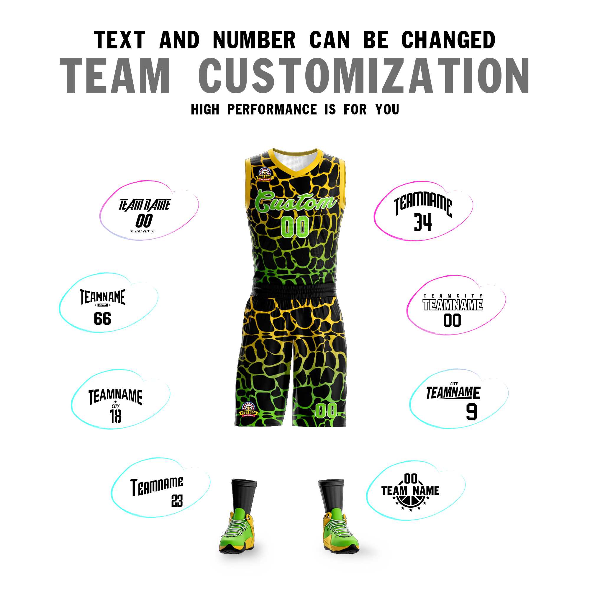 Custom Black Gold-Neon Green Spotted Graffiti Pattern Sports Uniform Basketball Jersey