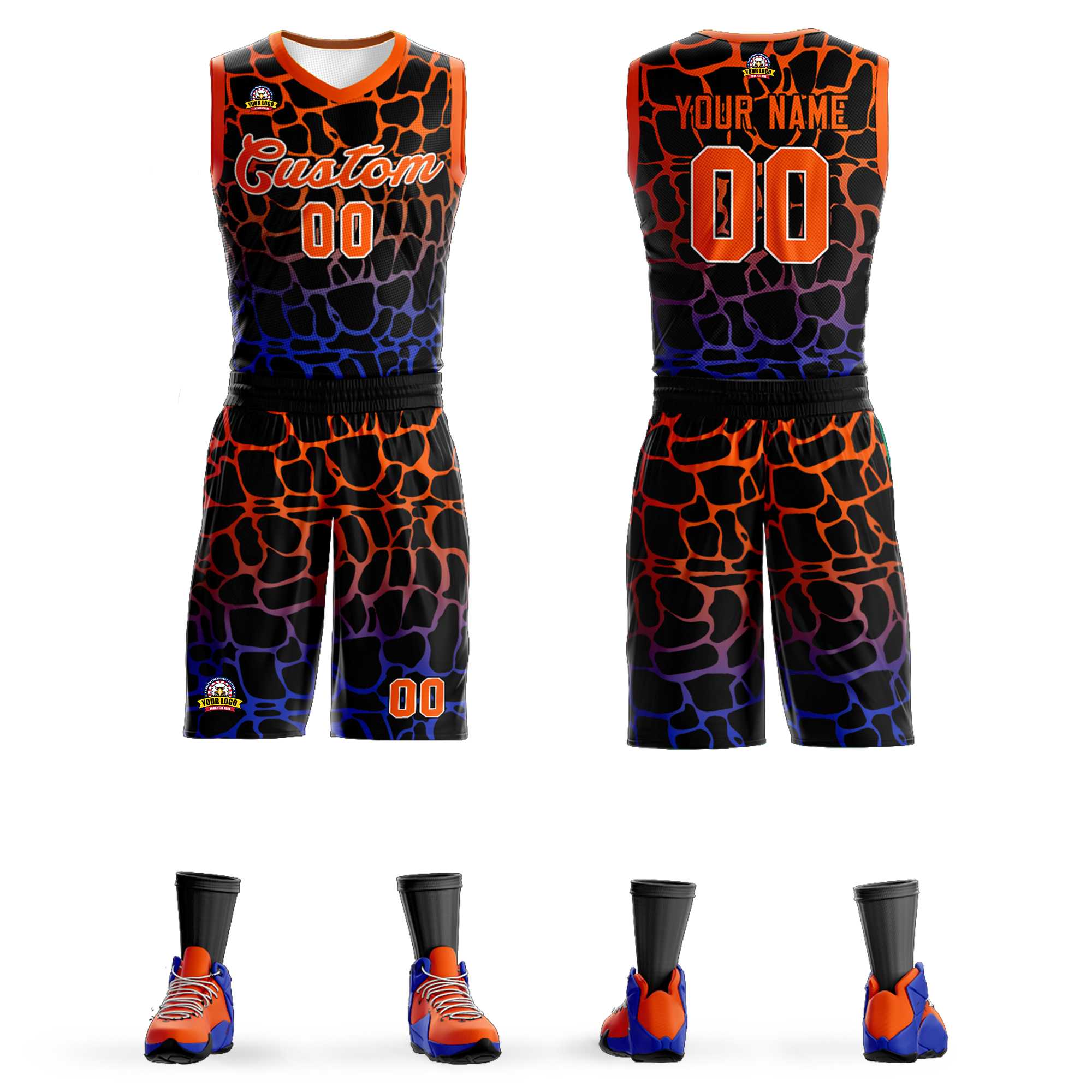 Maillot de basket-ball uniforme de sport à motif graffiti tacheté noir orange-bleu personnalisé