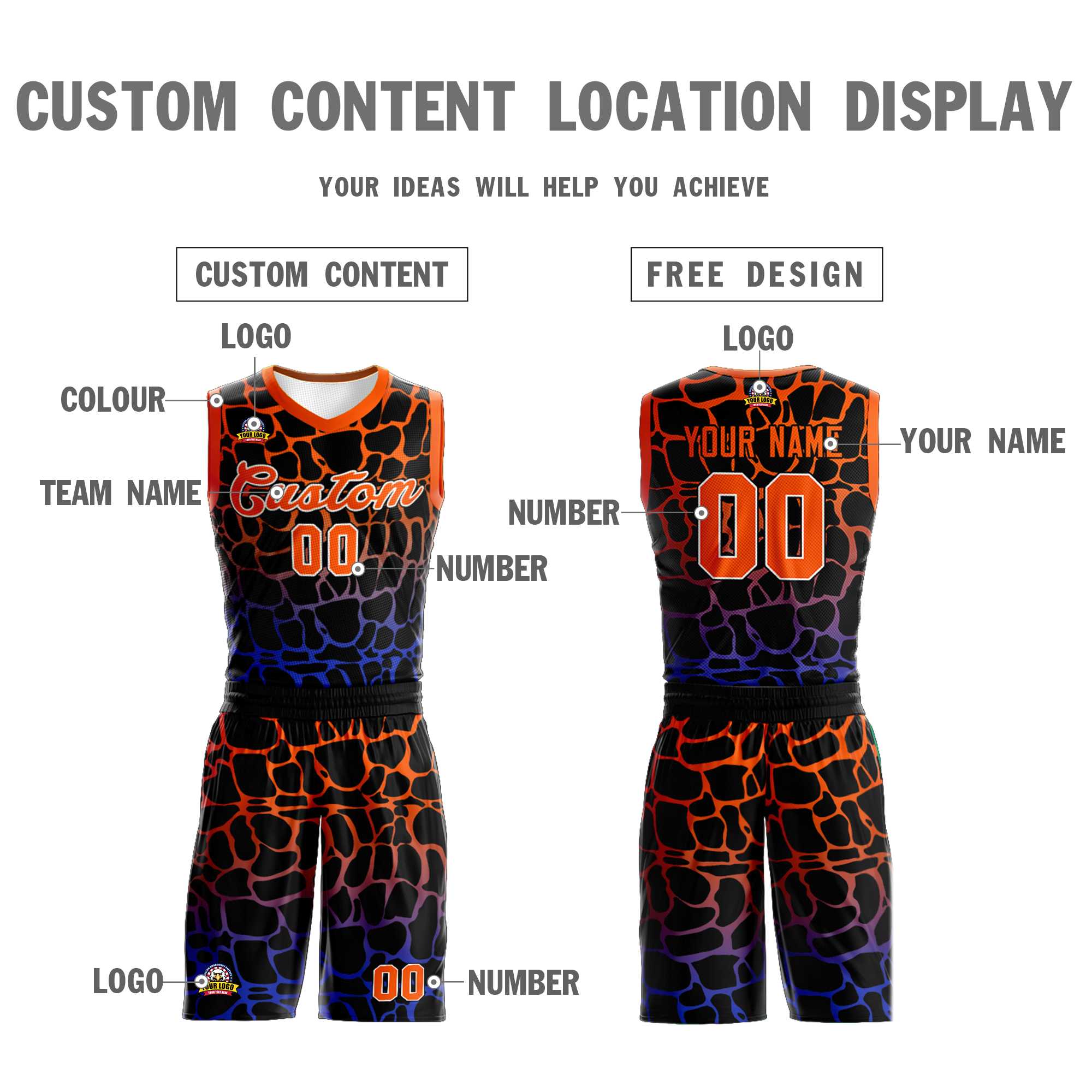 Maillot de basket-ball uniforme de sport à motif graffiti tacheté noir orange-bleu personnalisé