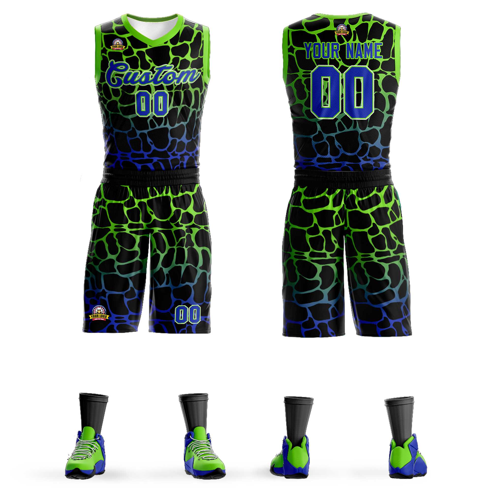 Custom Black Green-Blue Spotted Graffiti Pattern Sports Uniform Basketball Jersey