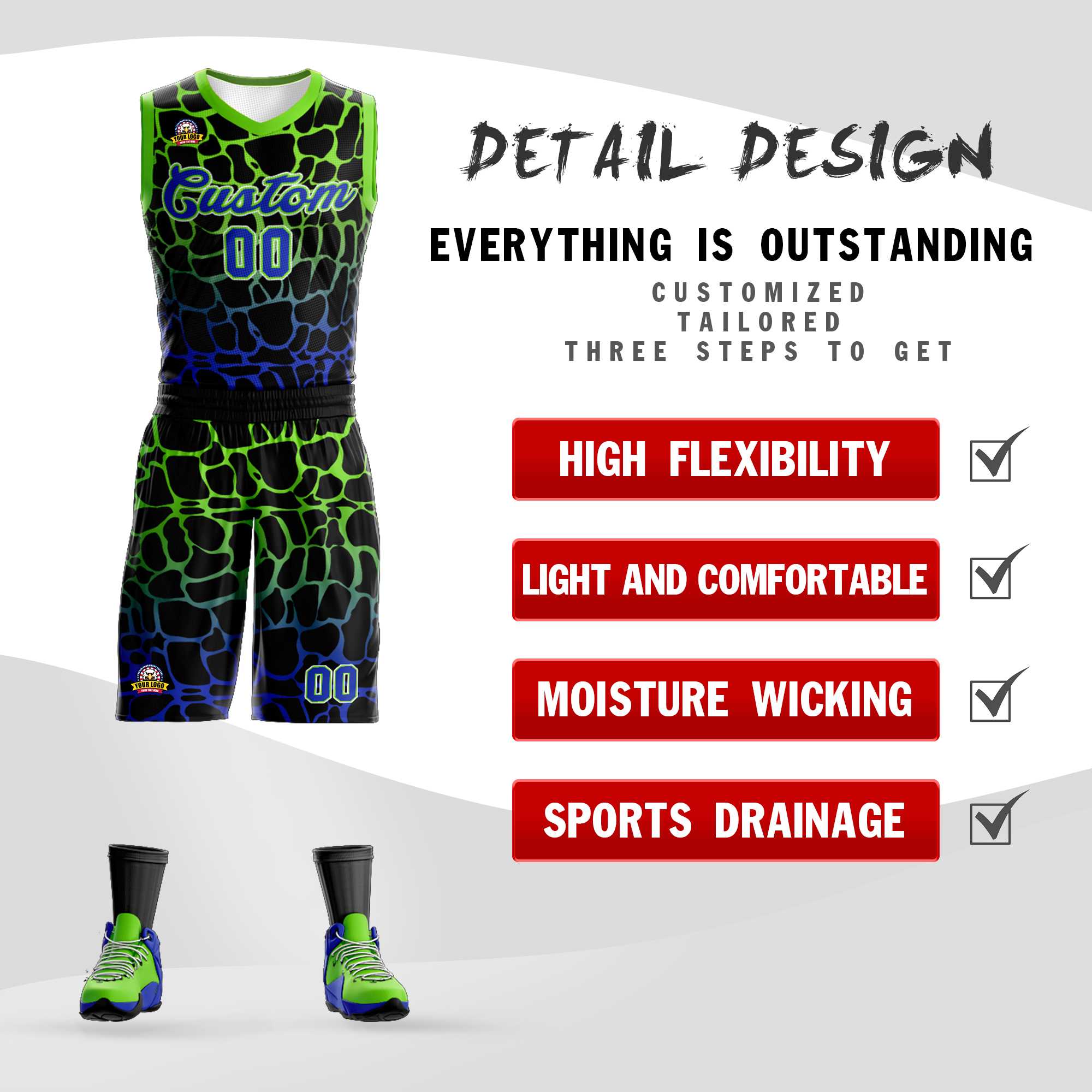 Custom Black Green-Blue Spotted Graffiti Pattern Sports Uniform Basketball Jersey