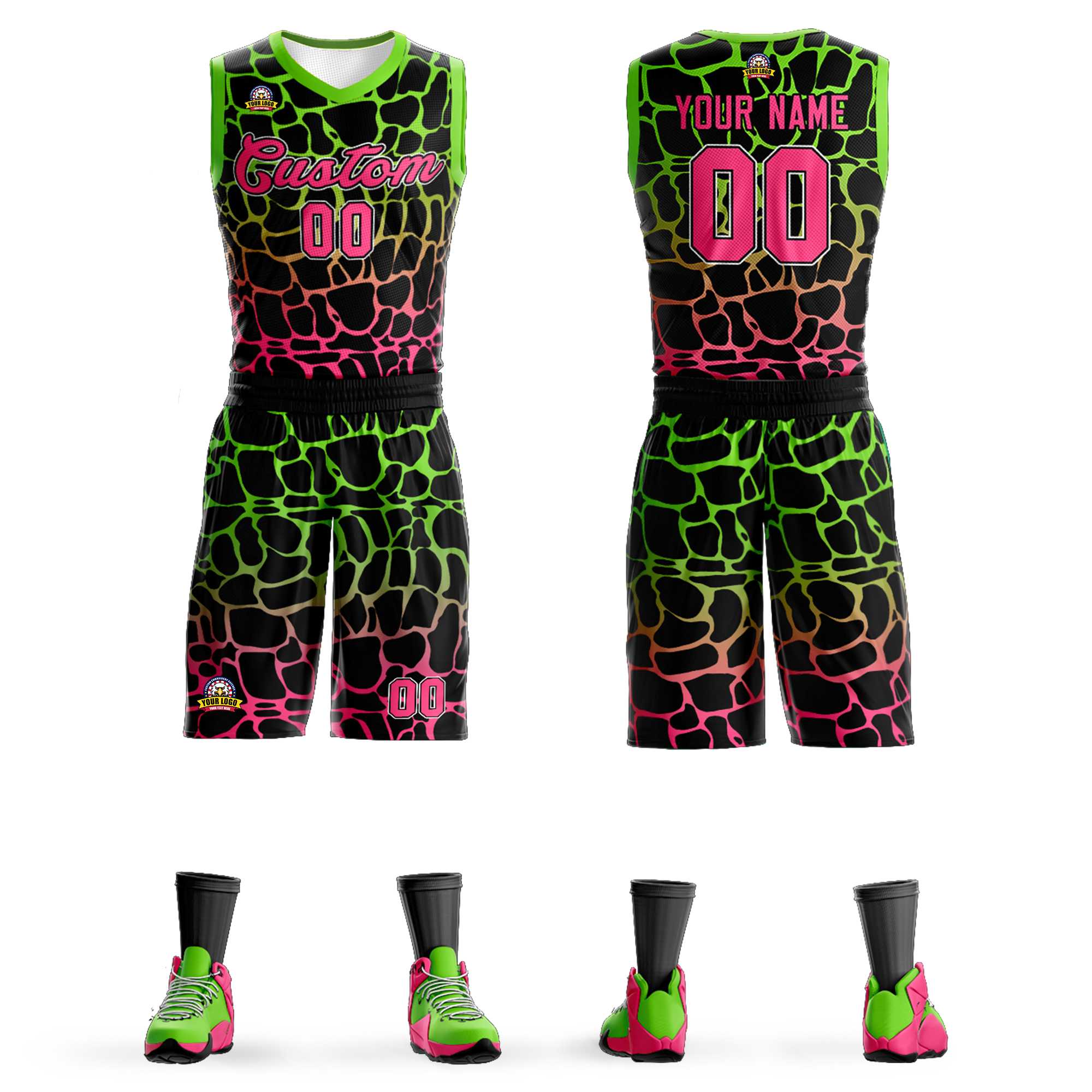 Maillot de basket-ball uniforme de sport à motif Graffiti tacheté vert-rose noir personnalisé