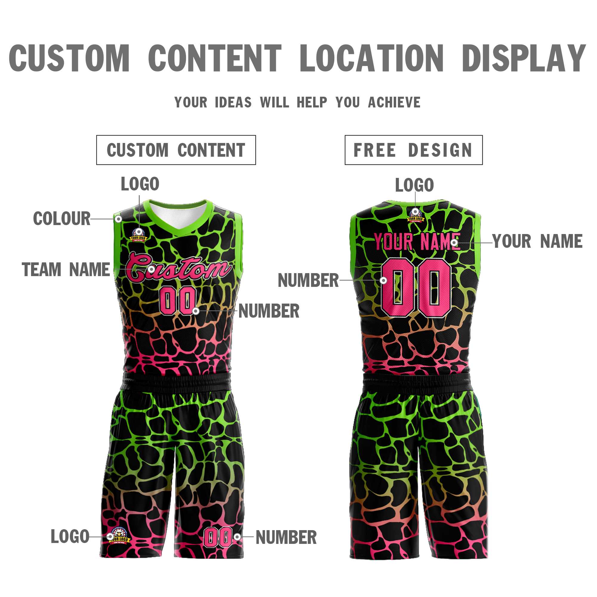 Maillot de basket-ball uniforme de sport à motif Graffiti tacheté vert-rose noir personnalisé