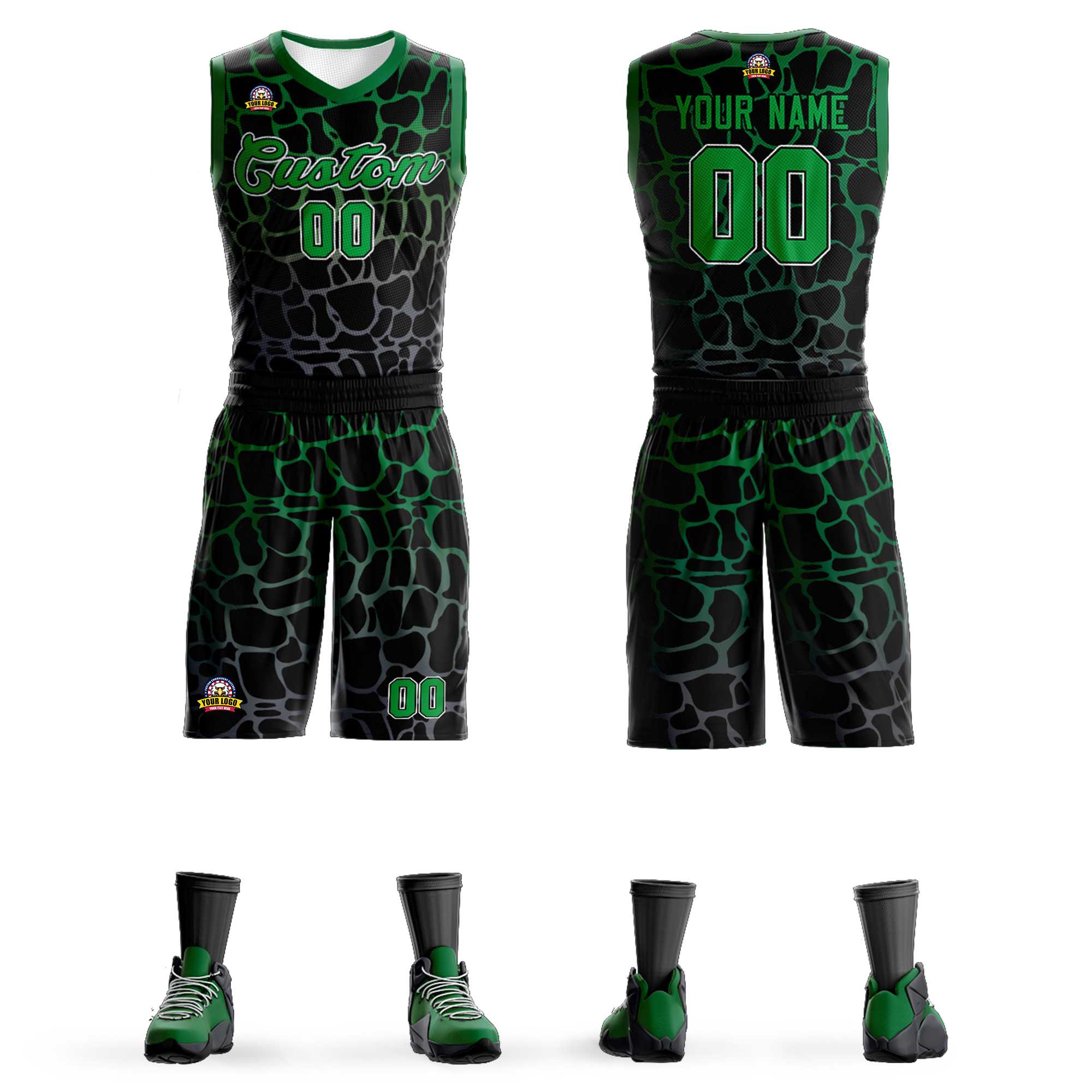 Maillot de basket-ball personnalisé noir Kelly vert-gris tacheté motif Graffiti uniforme de sport