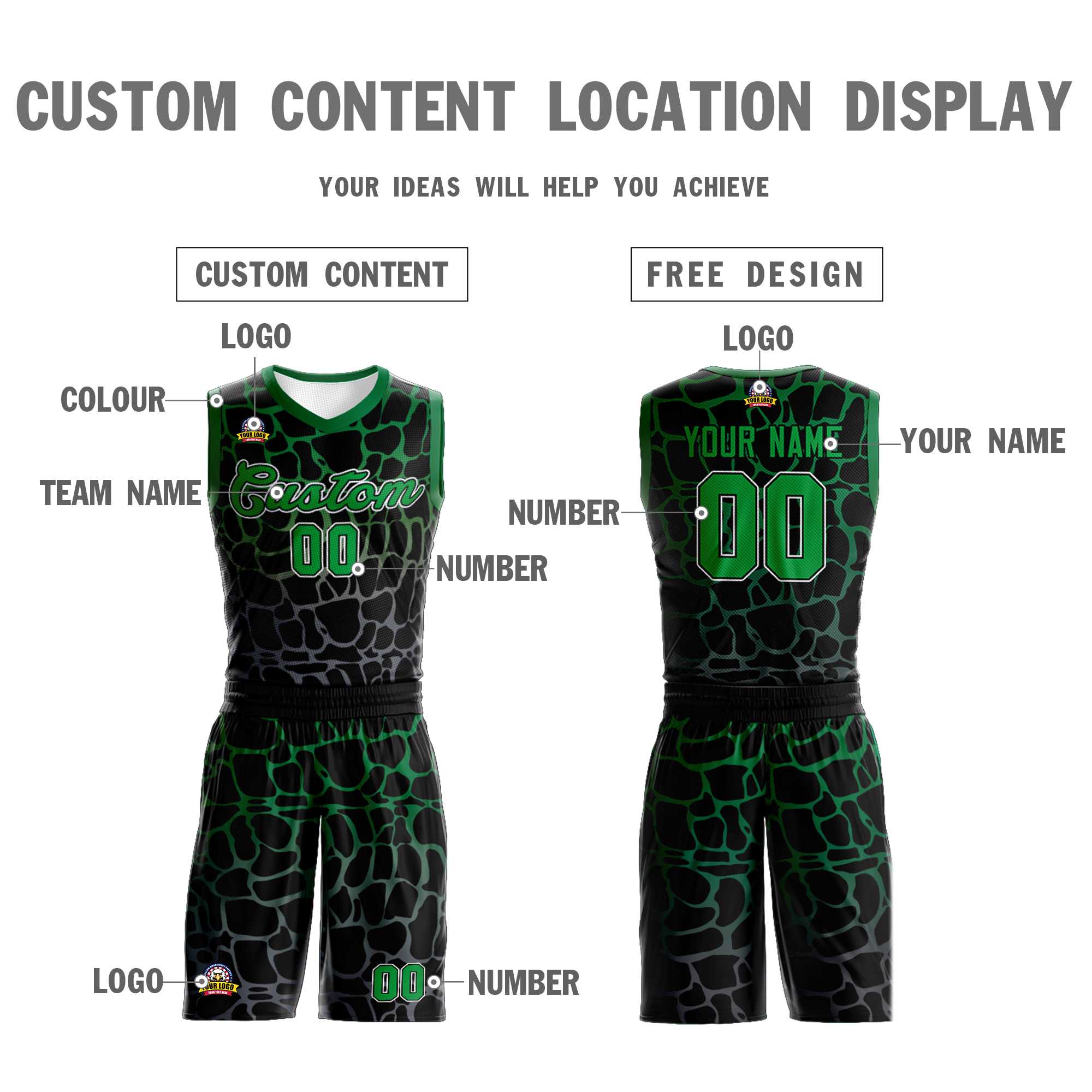 Maillot de basket-ball personnalisé noir Kelly vert-gris tacheté motif Graffiti uniforme de sport