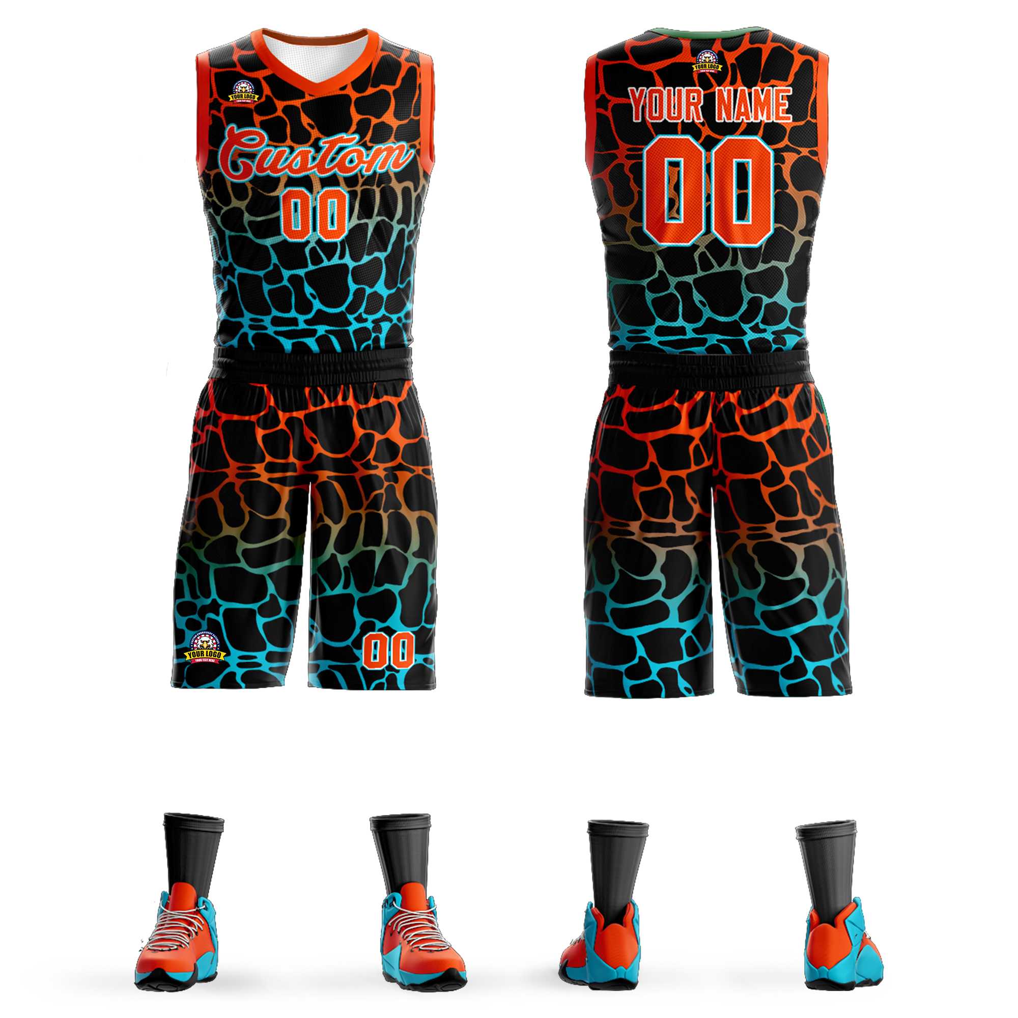 Custom Black Orange-Blue Spotted Graffiti Pattern Sports Uniform Basketball Jersey