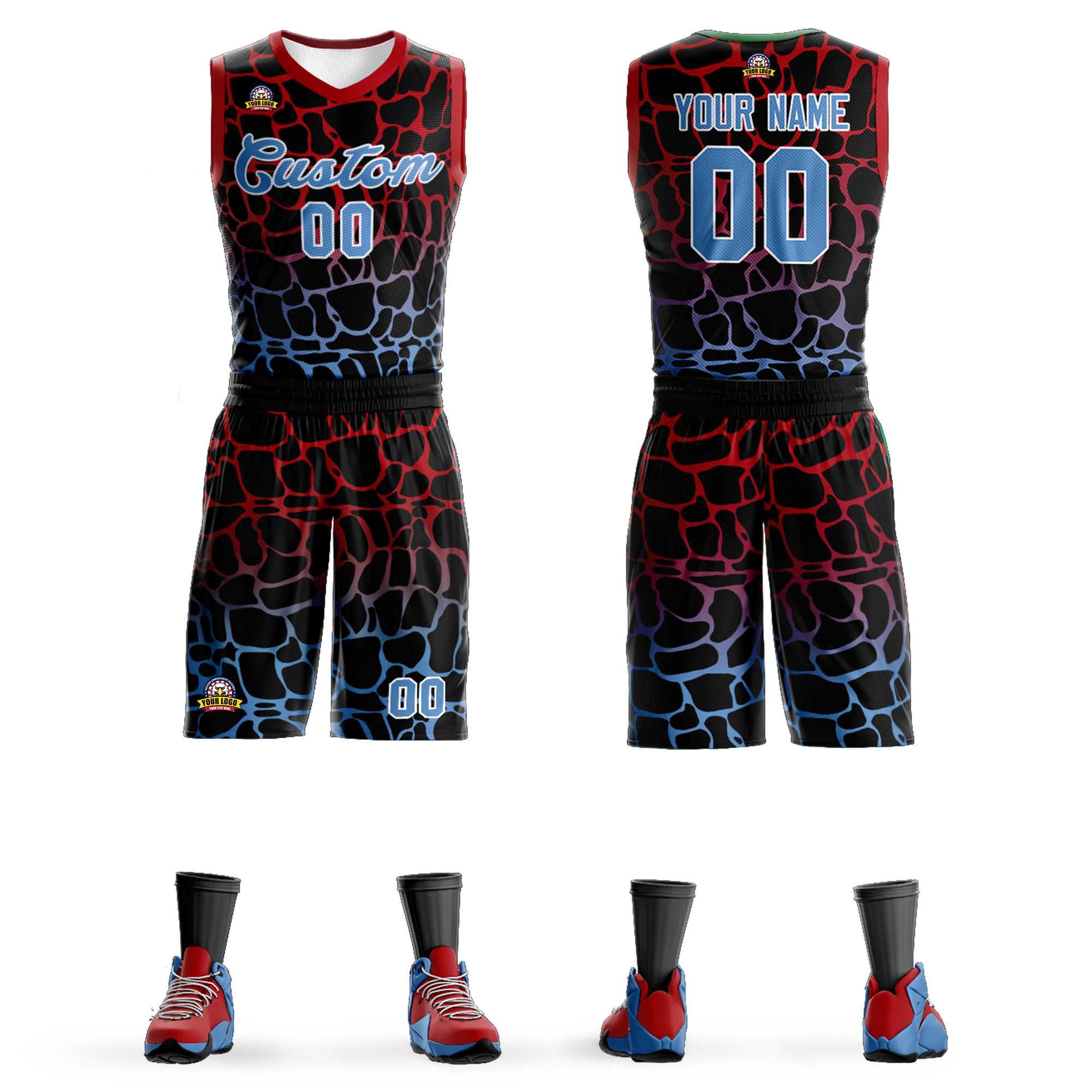 Maillot de basket-ball personnalisé, uniforme de sport, motif Graffiti à pois bleu poudre noir rouge