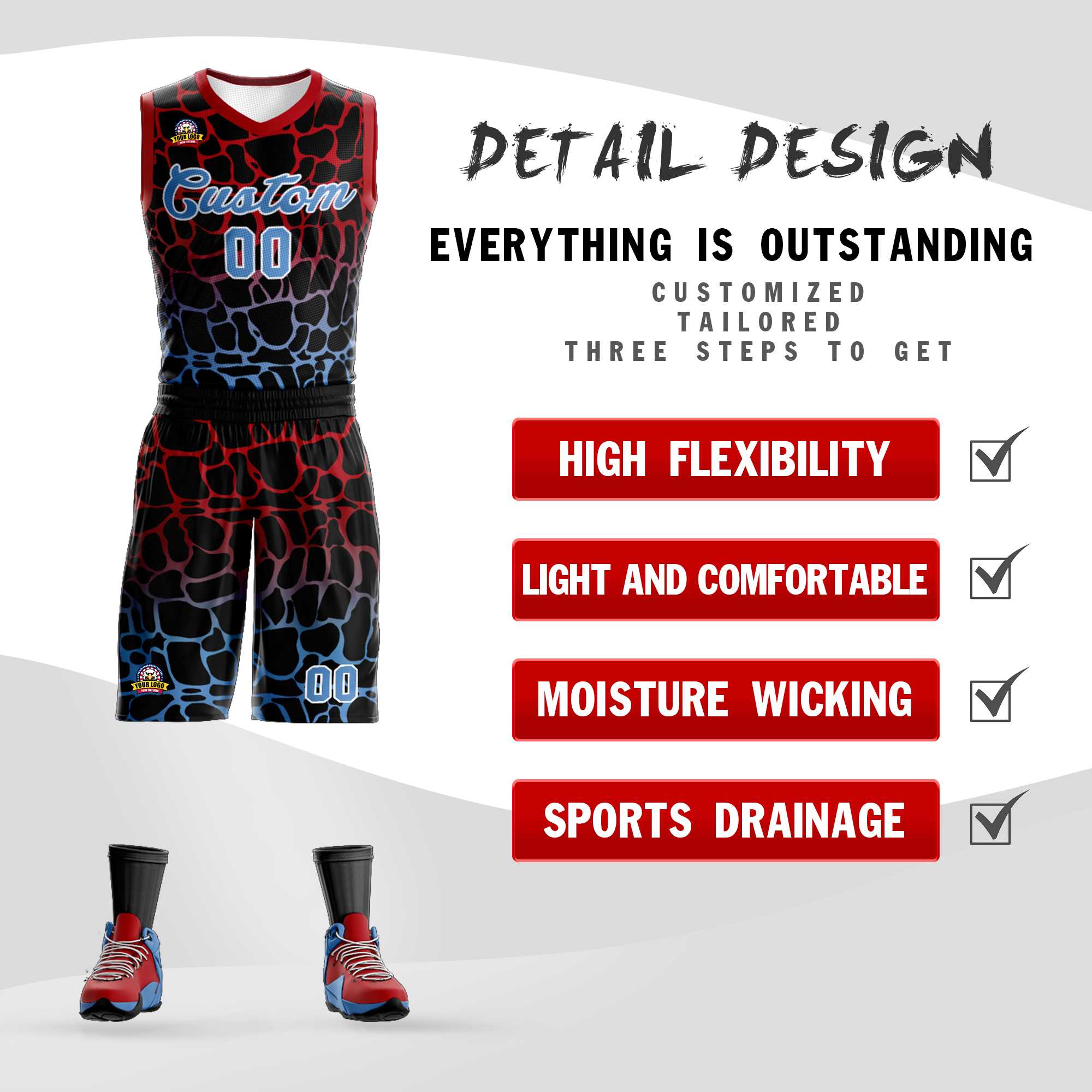 Custom Black Red-Powder Blue Spotted Graffiti Pattern Sports Uniform Basketball Jersey