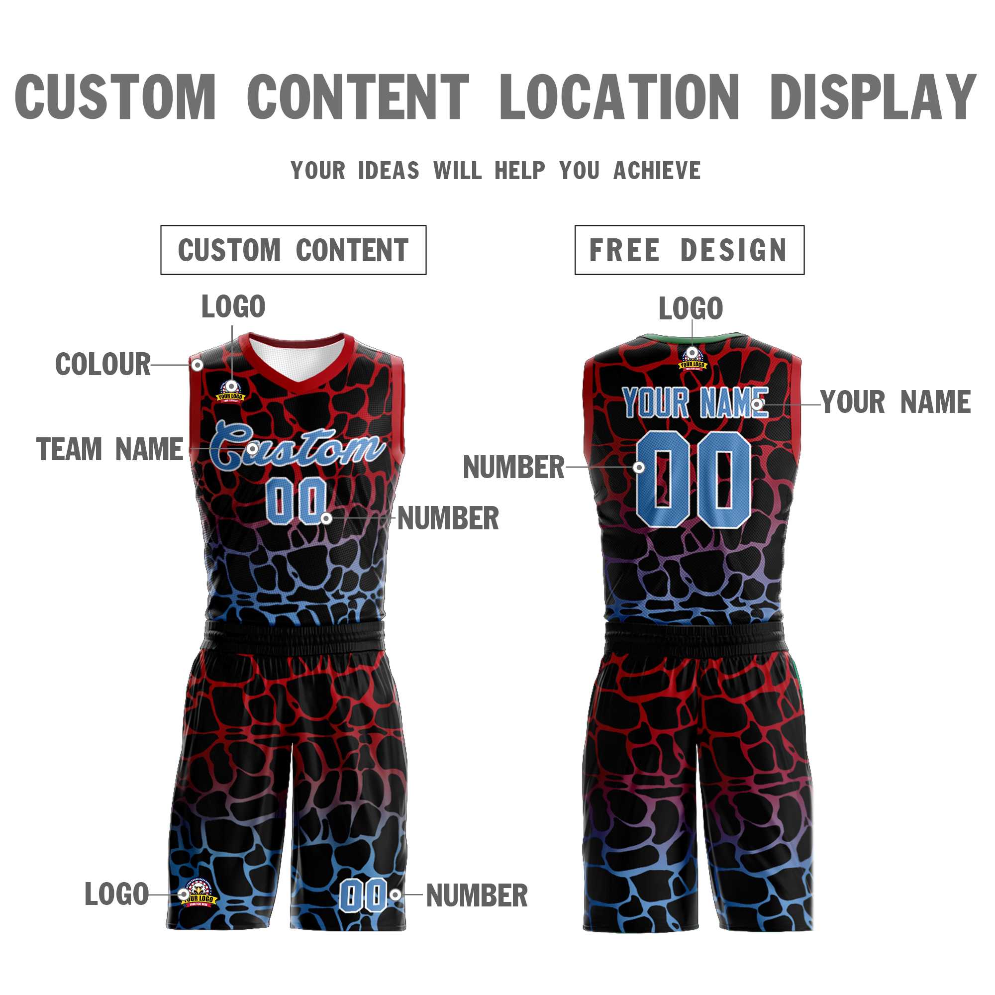 Maillot de basket-ball personnalisé, uniforme de sport, motif Graffiti à pois bleu poudre noir rouge