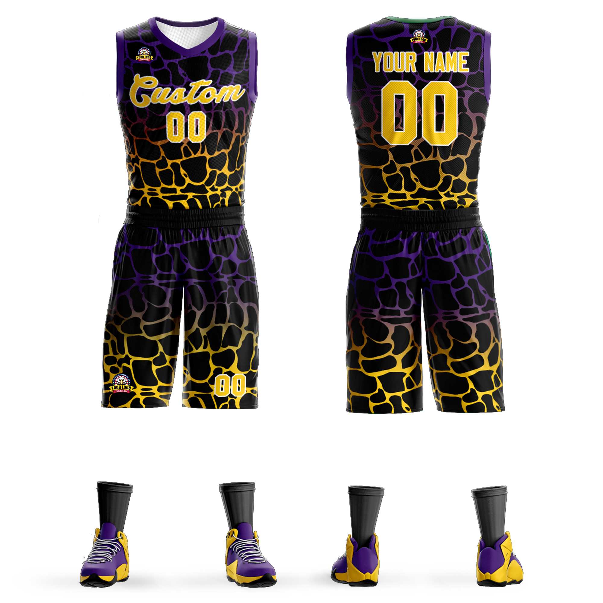 Custom Black Purple-Yellow Spotted Graffiti Pattern Sports Uniform Basketball Jersey