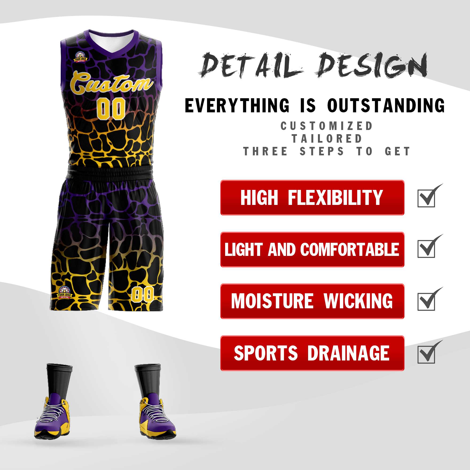 Custom Black Purple-Yellow Spotted Graffiti Pattern Sports Uniform Basketball Jersey