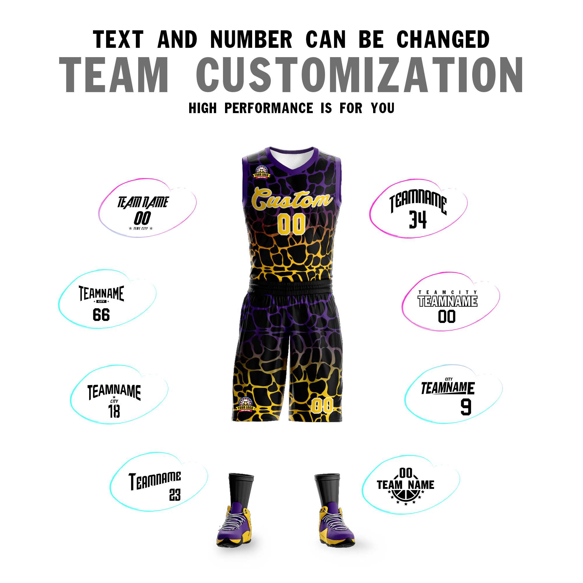 Custom Black Purple-Yellow Spotted Graffiti Pattern Sports Uniform Basketball Jersey