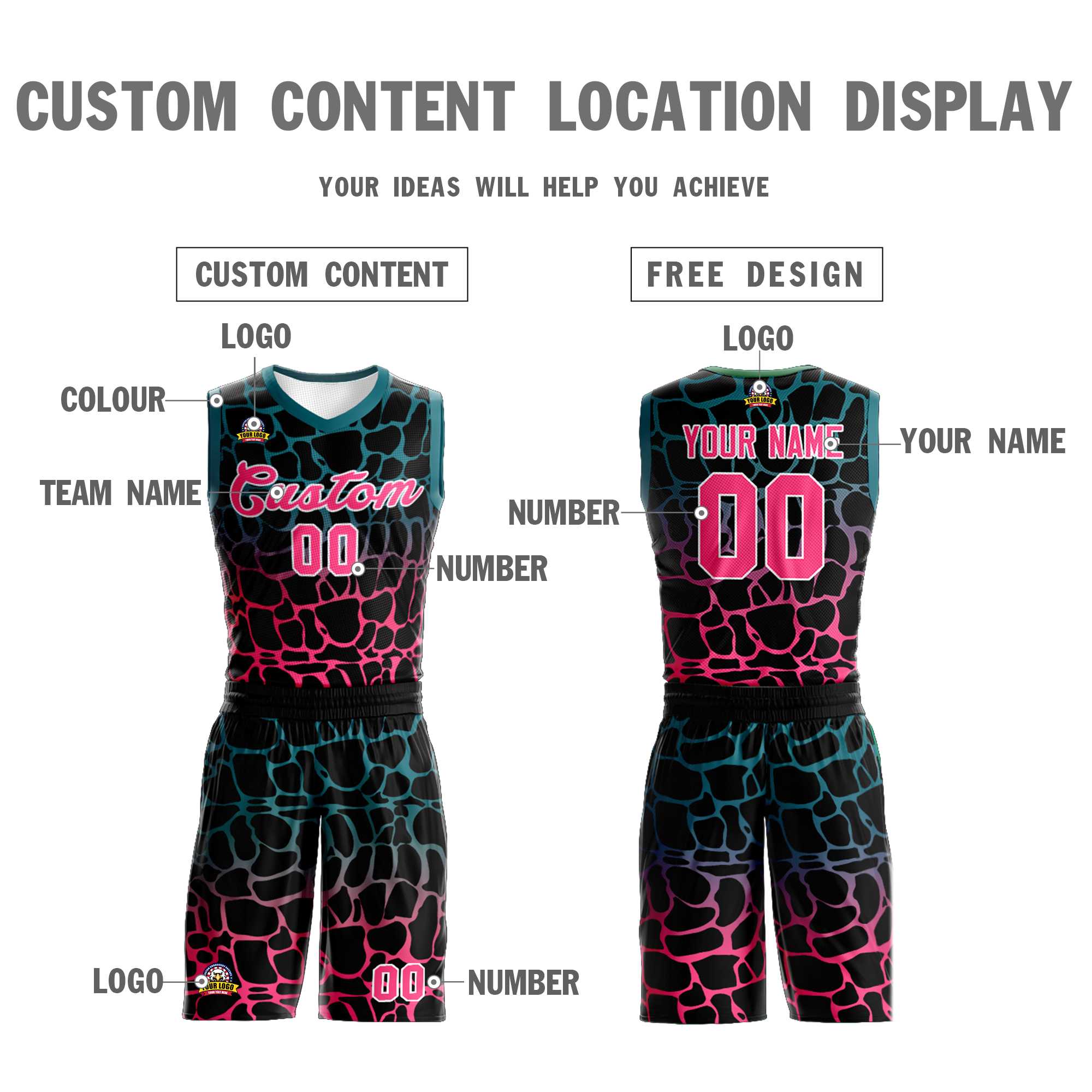 Custom Black Midnight Green-Pink Spotted Graffiti Pattern Sports Uniform Basketball Jersey