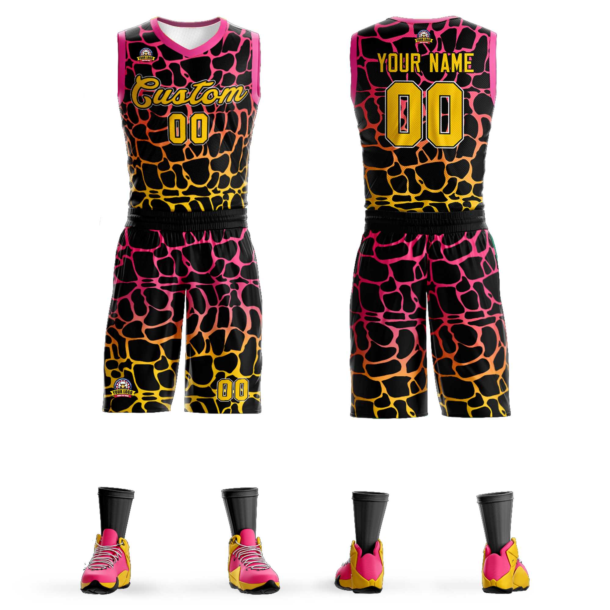 Custom Black Pink-Yellow Spotted Graffiti Pattern Sports Uniform Basketball Jersey