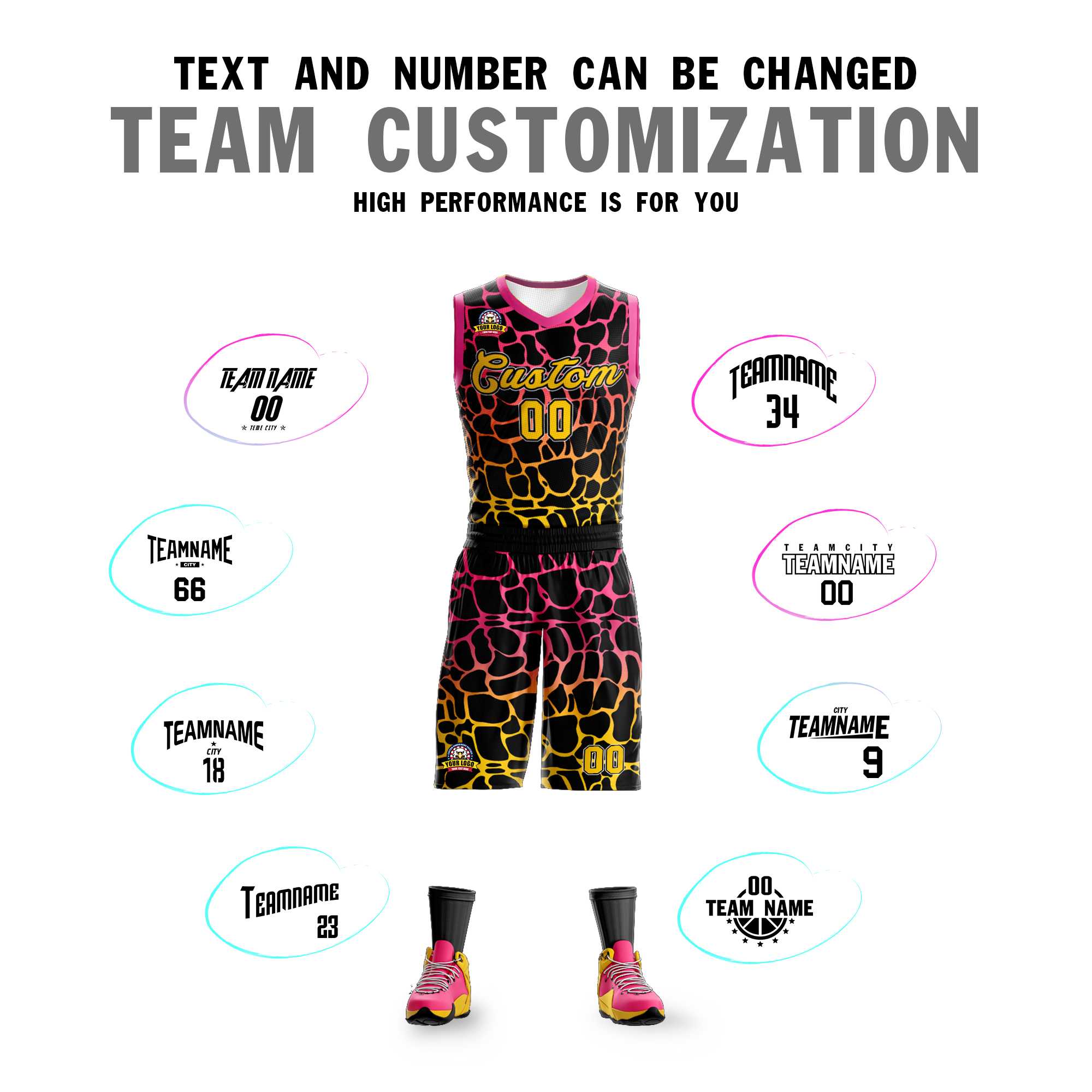 Custom Black Pink-Yellow Spotted Graffiti Pattern Sports Uniform Basketball Jersey