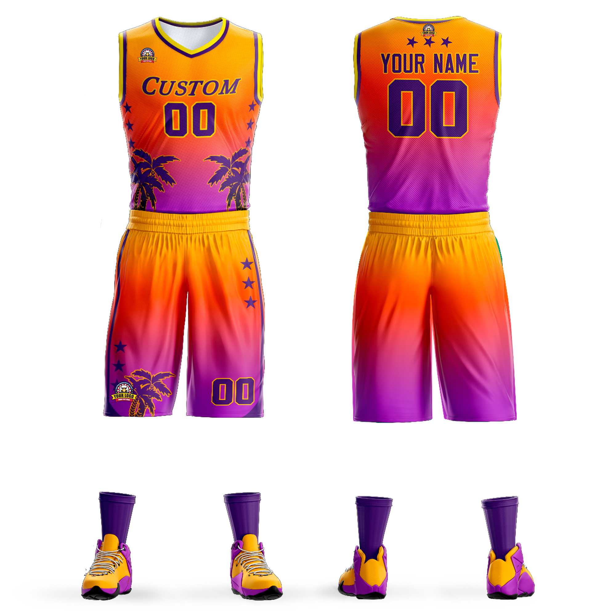 Custom Yellow Orange-Purple Gradient Fashion Coconut Palm Pattern Sports Uniform Basketball Jersey