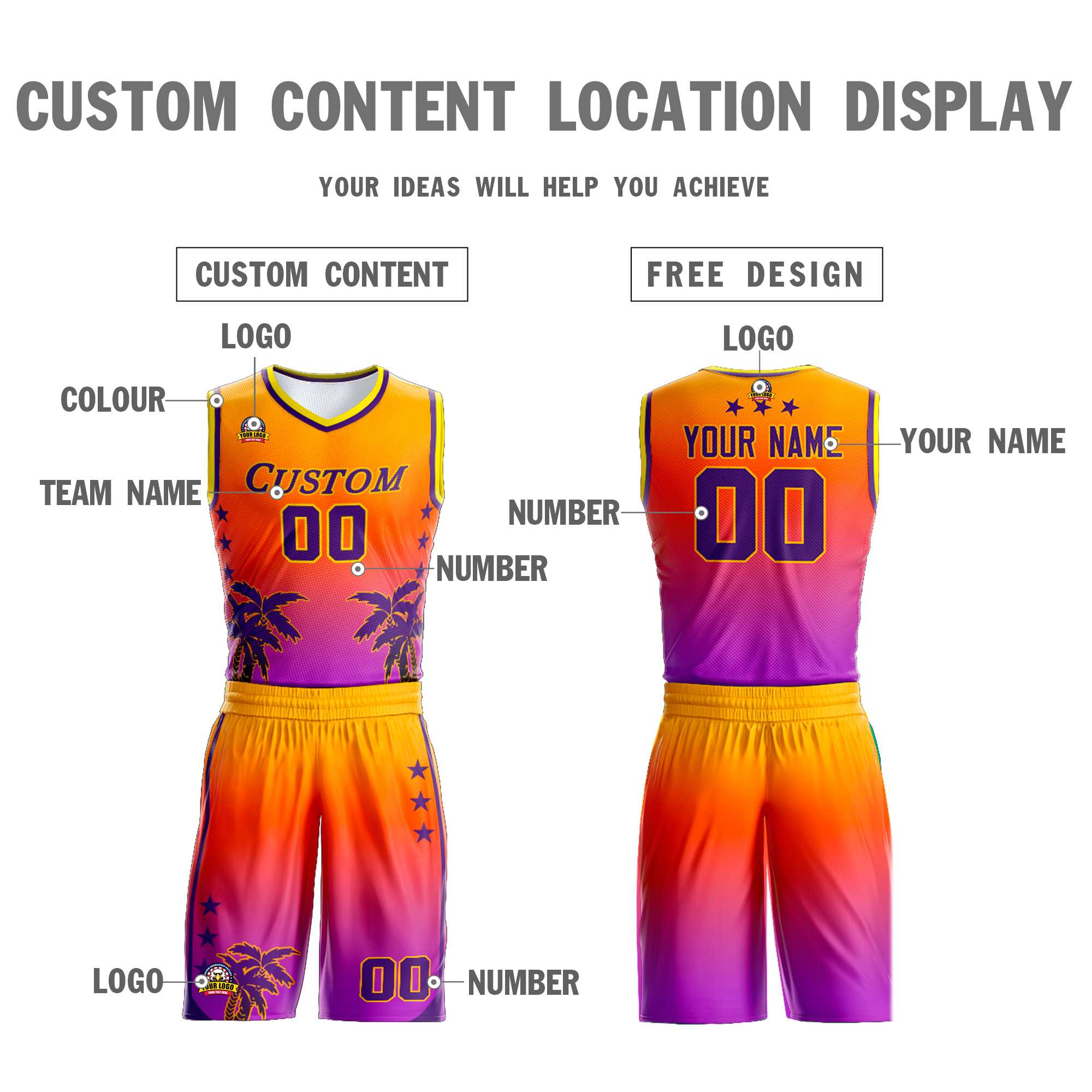 Custom Yellow Orange-Purple Gradient Fashion Coconut Palm Pattern Sports Uniform Basketball Jersey