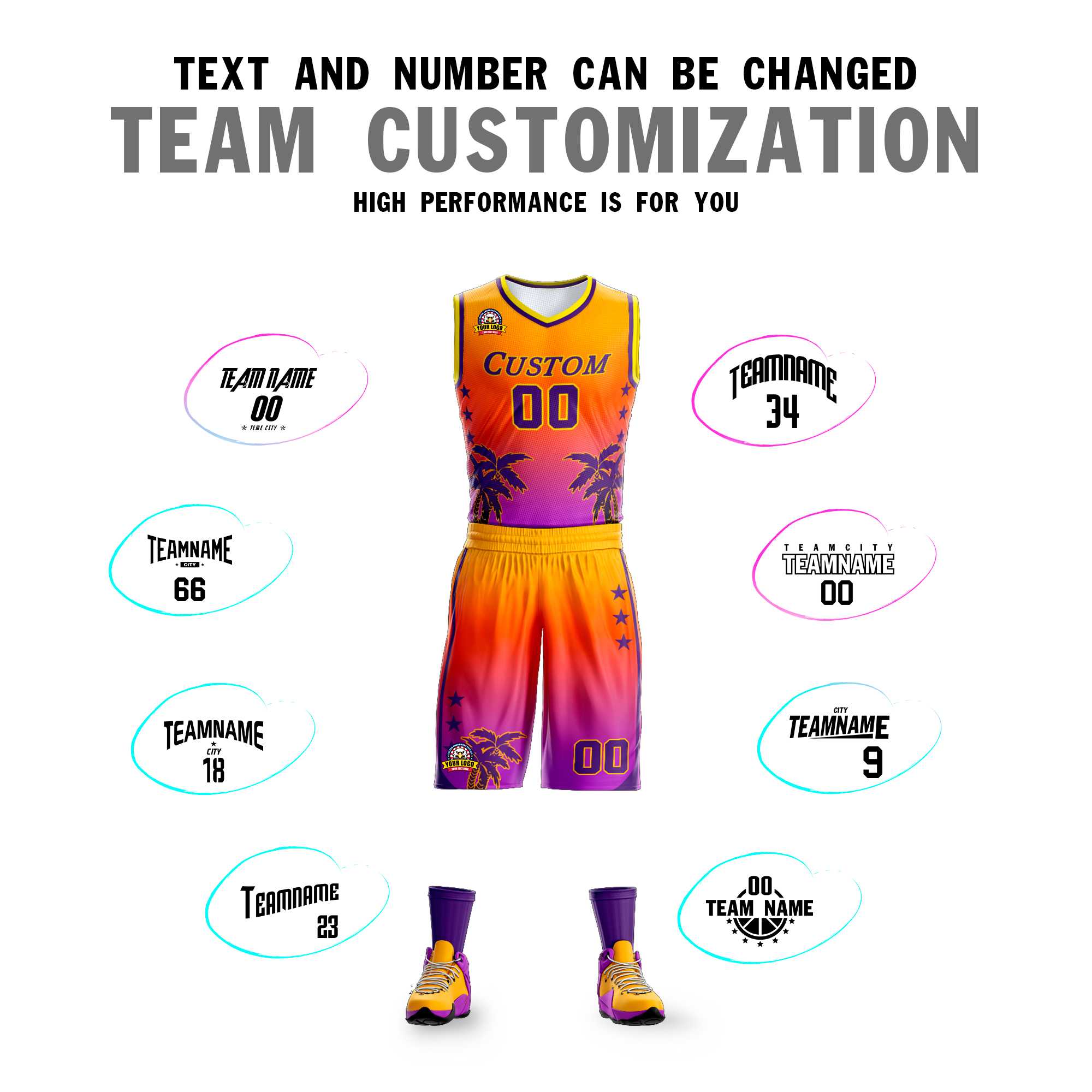 Custom Yellow Orange-Purple Gradient Fashion Coconut Palm Pattern Sports Uniform Basketball Jersey