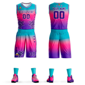 Custom Blue Pink-Purple Gradient Fashion Coconut Palm Pattern Sports Uniform Basketball Jersey