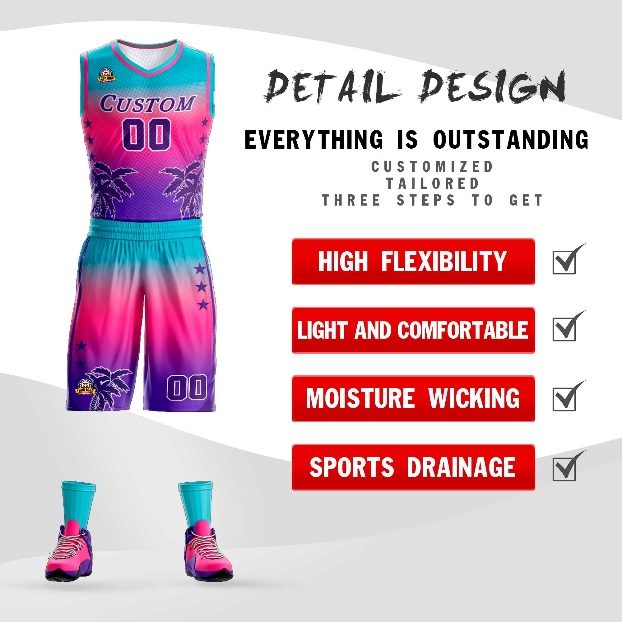 Maillot de basket-ball personnalisé, bleu, rose, violet, dégradé, mode, motif de cocotier, uniforme de sport