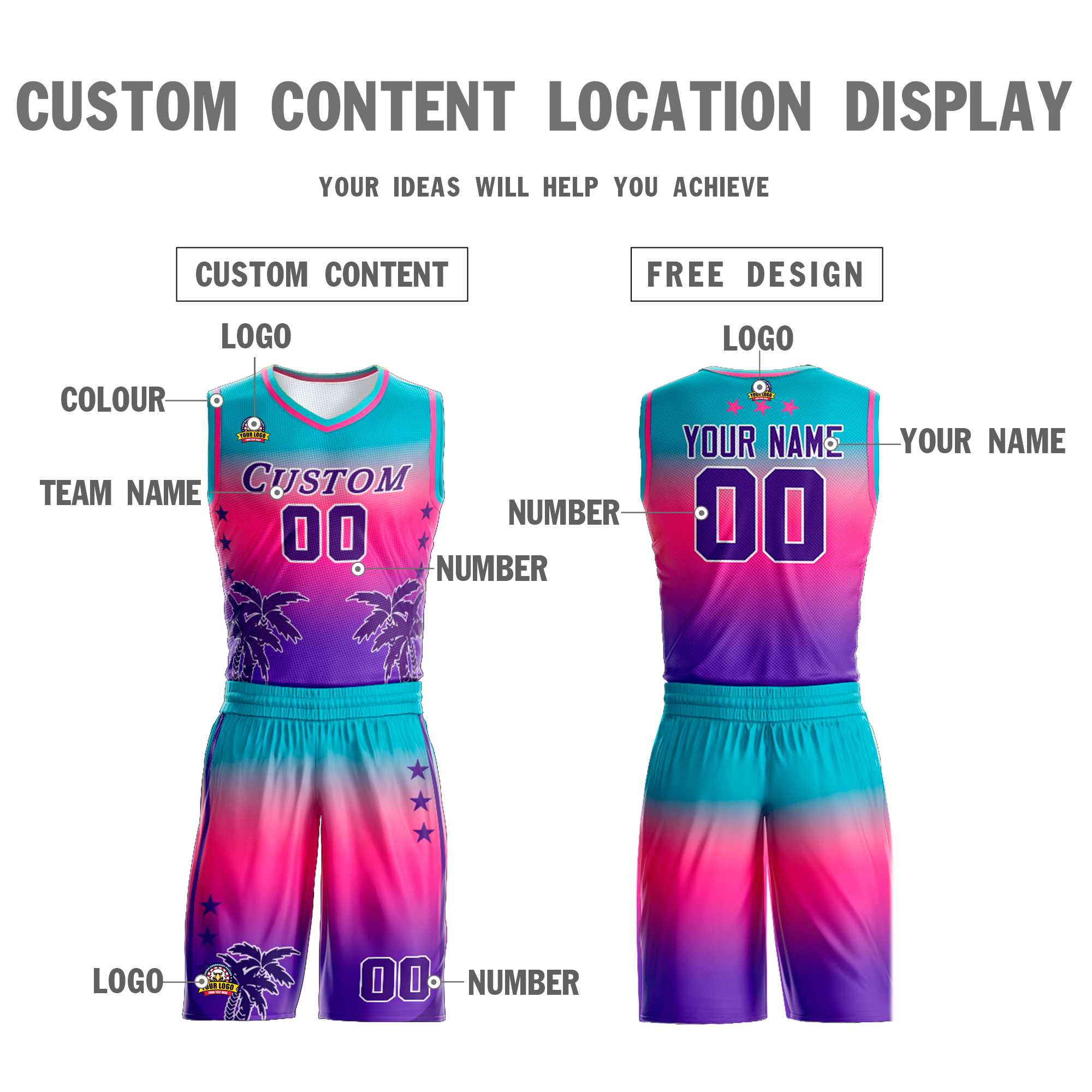 Custom Blue Pink-Purple Gradient Fashion Coconut Palm Pattern Sports Uniform Basketball Jersey