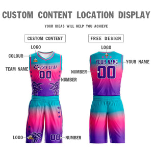 Custom Blue Pink-Purple Gradient Fashion Coconut Palm Pattern Sports Uniform Basketball Jersey