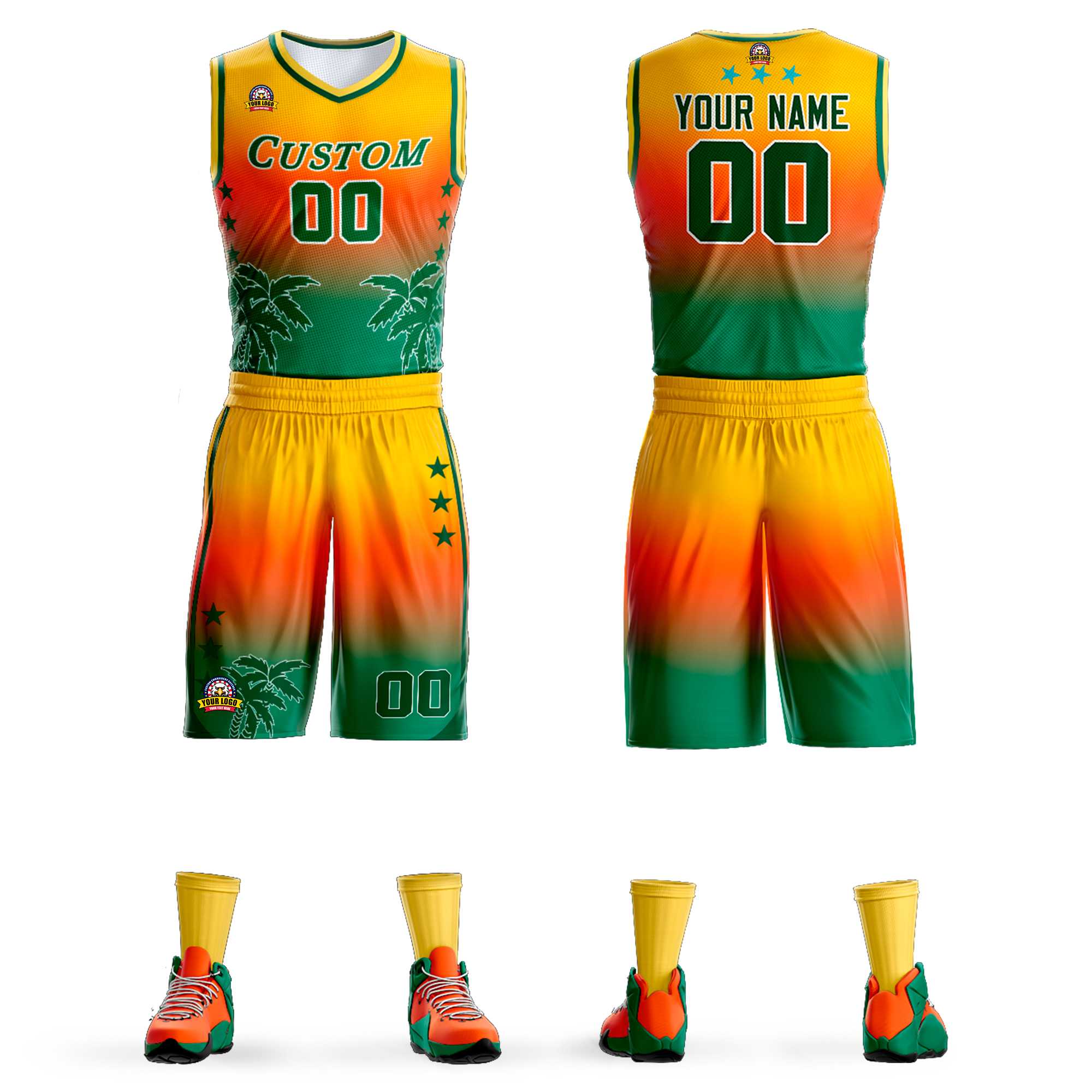 Maillot de basket-ball personnalisé, uniforme de sport à motif de cocotier, dégradé jaune Orange-vert, à la mode