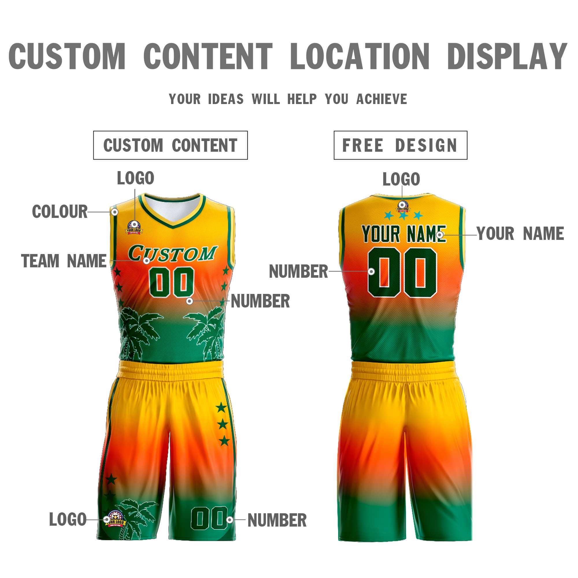 Custom Yellow Orange-Green Gradient Fashion Coconut Palm Pattern Sports Uniform Basketball Jersey