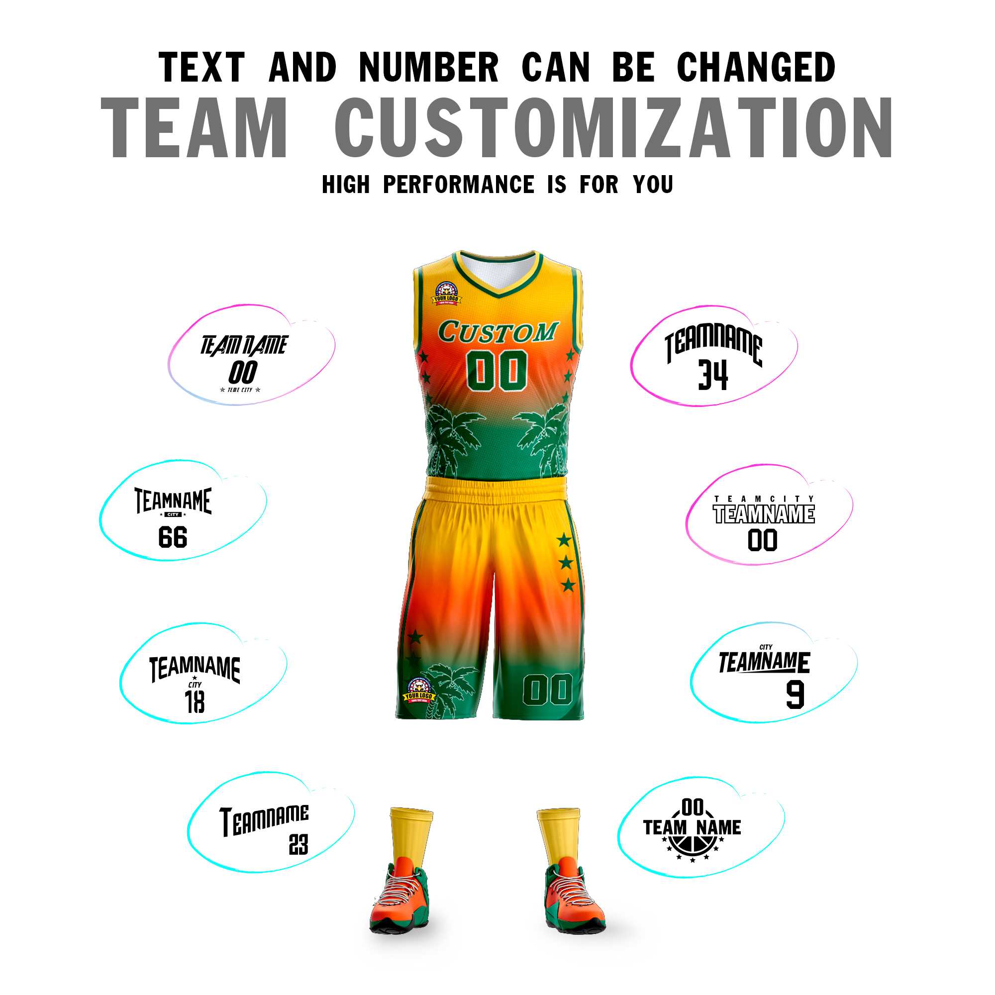 Custom Yellow Orange-Green Gradient Fashion Coconut Palm Pattern Sports Uniform Basketball Jersey