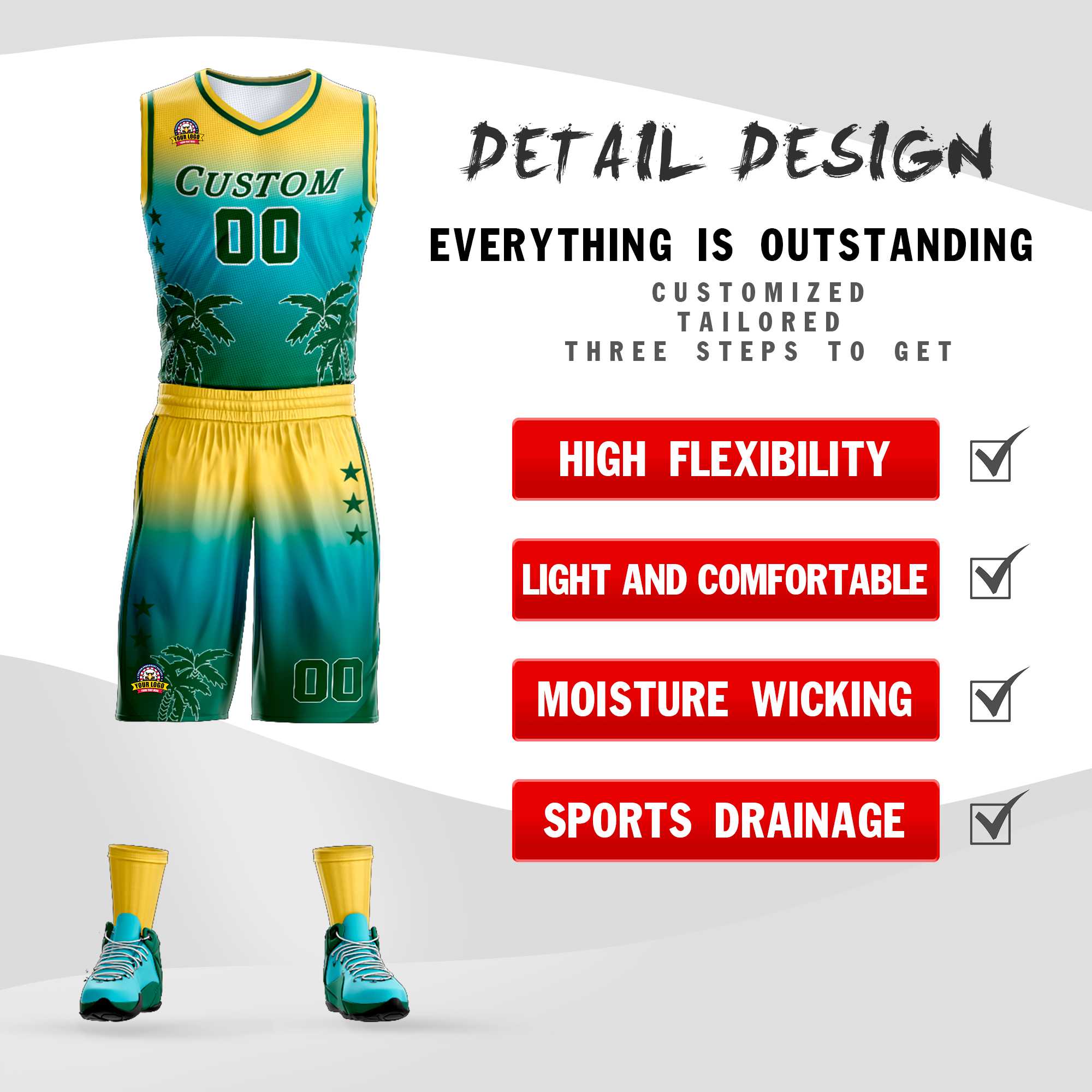 Maillot de basket-ball personnalisé, uniforme de sport, dégradé jaune bleu-Aqua, à la mode, motif de cocotier