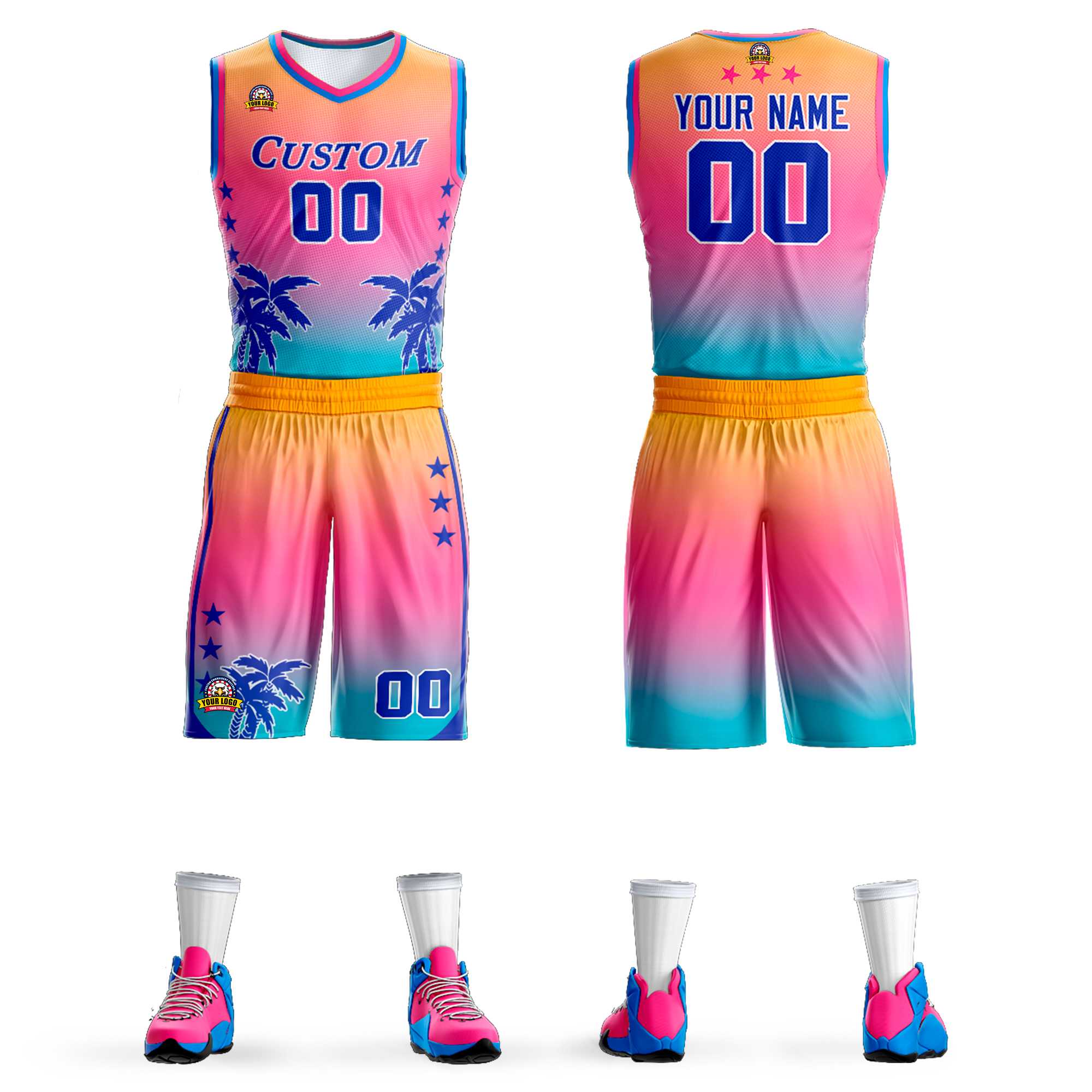 Custom Yellow Pink-Blue Gradient Fashion Coconut Palm Pattern Sports Uniform Basketball Jersey