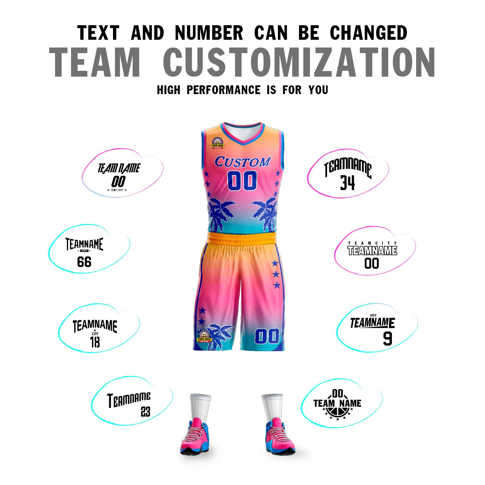 Custom Yellow Pink-Blue Gradient Fashion Coconut Palm Pattern Sports Uniform Basketball Jersey