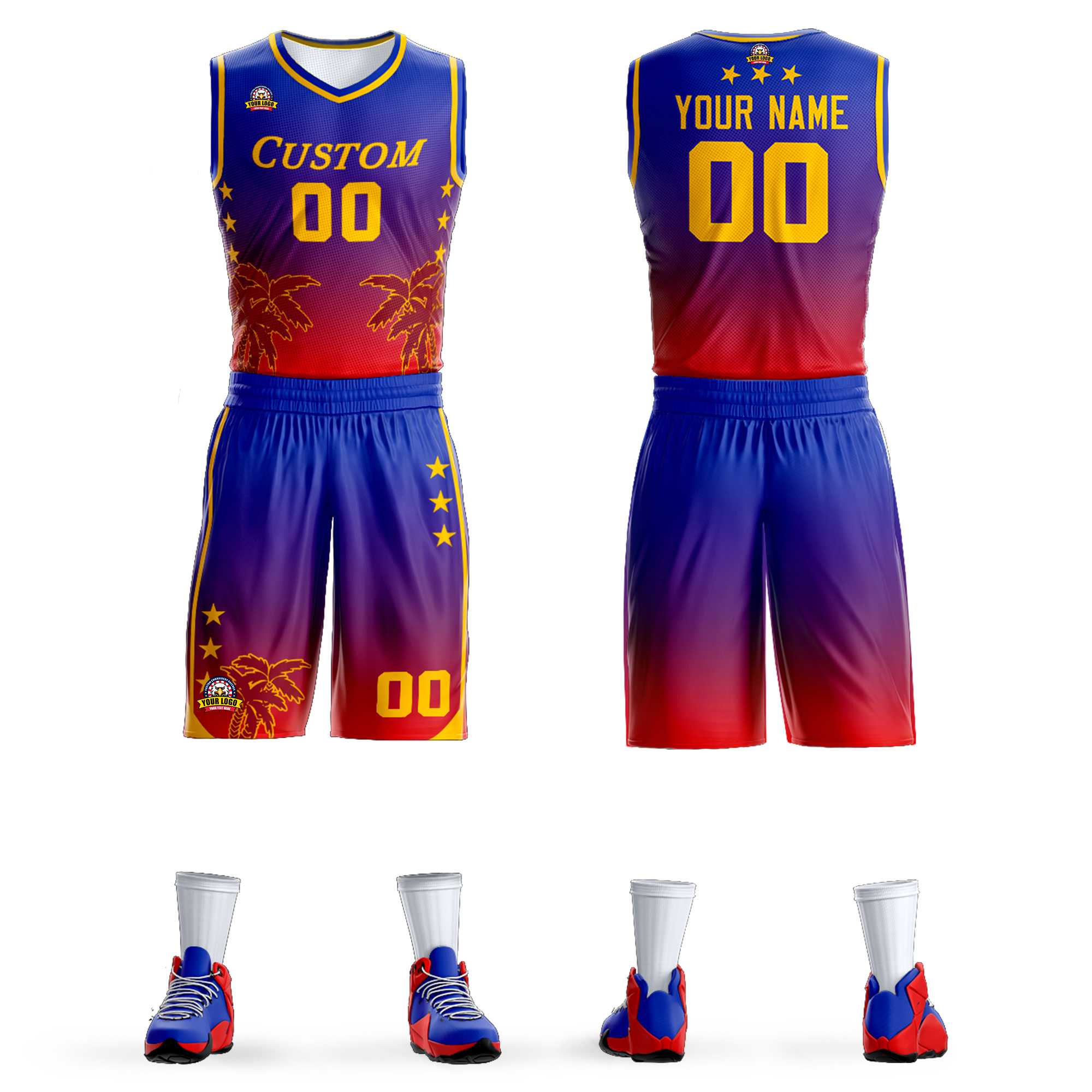 Maillot de basket-ball personnalisé, bleu violet-rouge, dégradé de mode, motif de cocotier, uniforme de sport