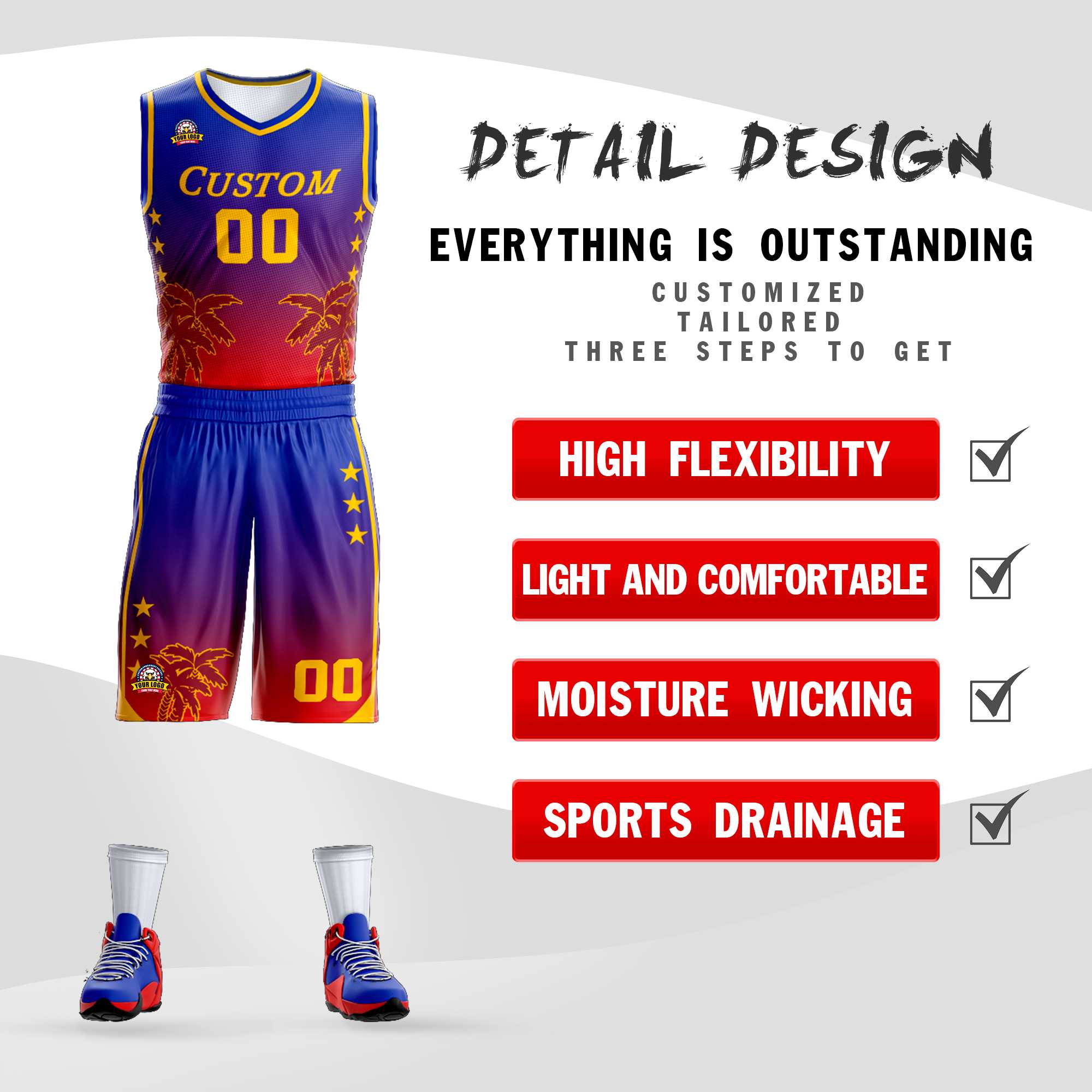 Maillot de basket-ball personnalisé, bleu violet-rouge, dégradé de mode, motif de cocotier, uniforme de sport