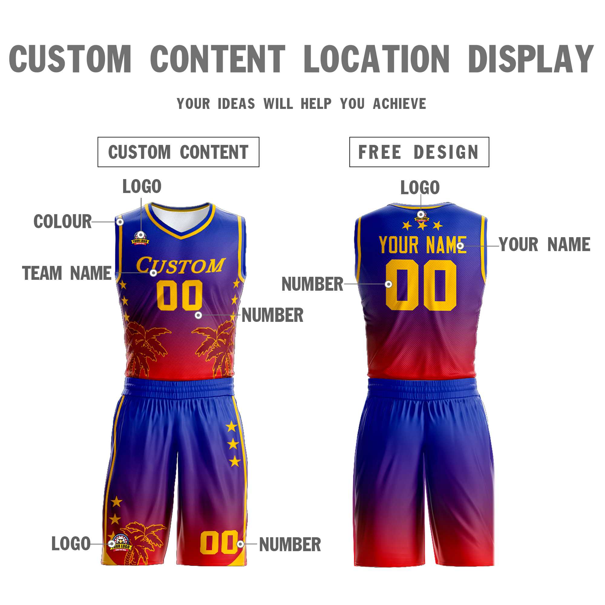 Custom Blue Purple-Red Gradient Fashion Coconut Palm Pattern Sports Uniform Basketball Jersey